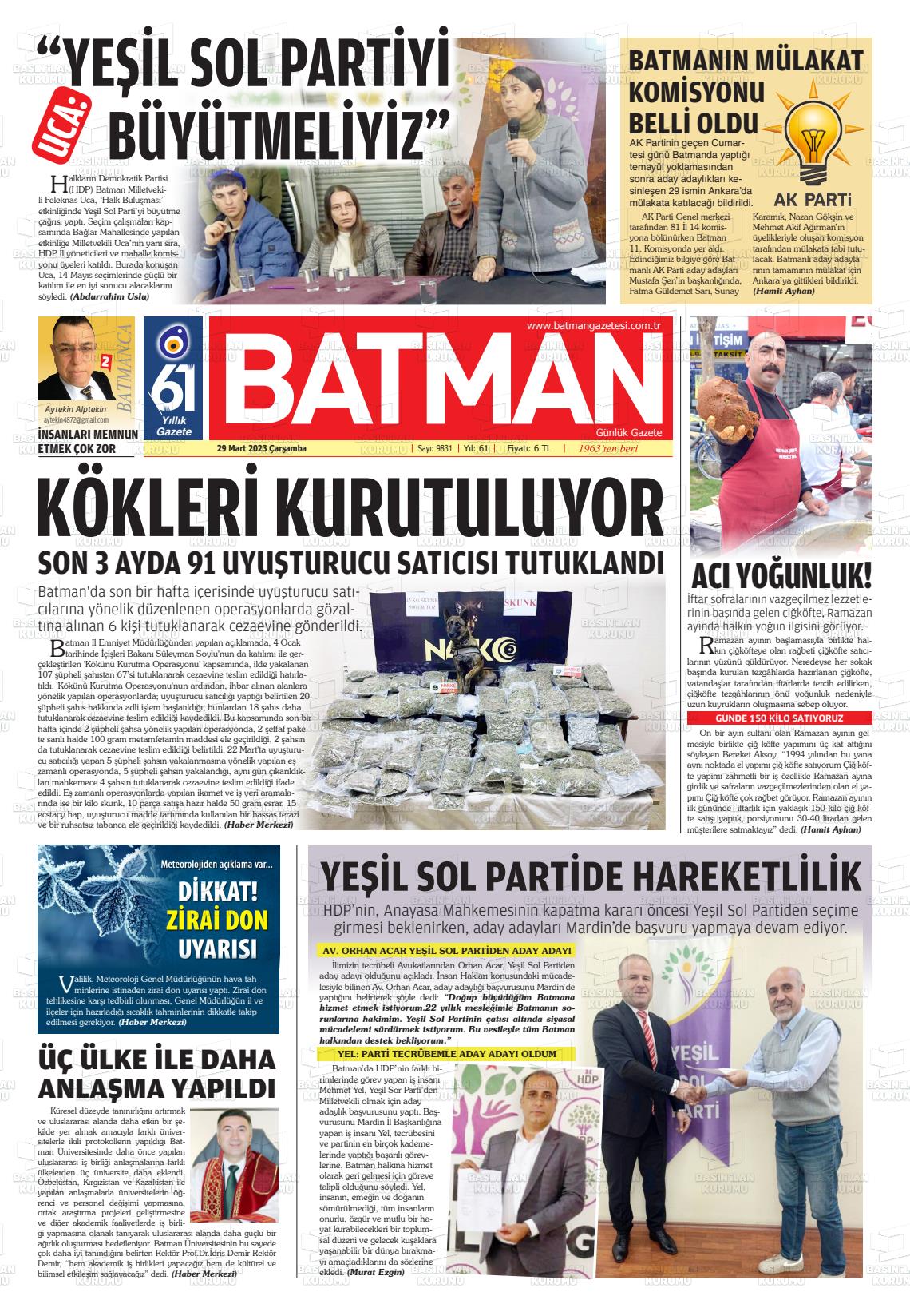 29 Mart 2023 BATMAN GAZETESİ Gazete Manşeti