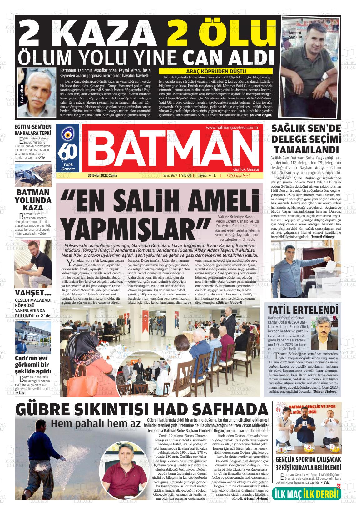 30 Eylül 2022 BATMAN GAZETESİ Gazete Manşeti