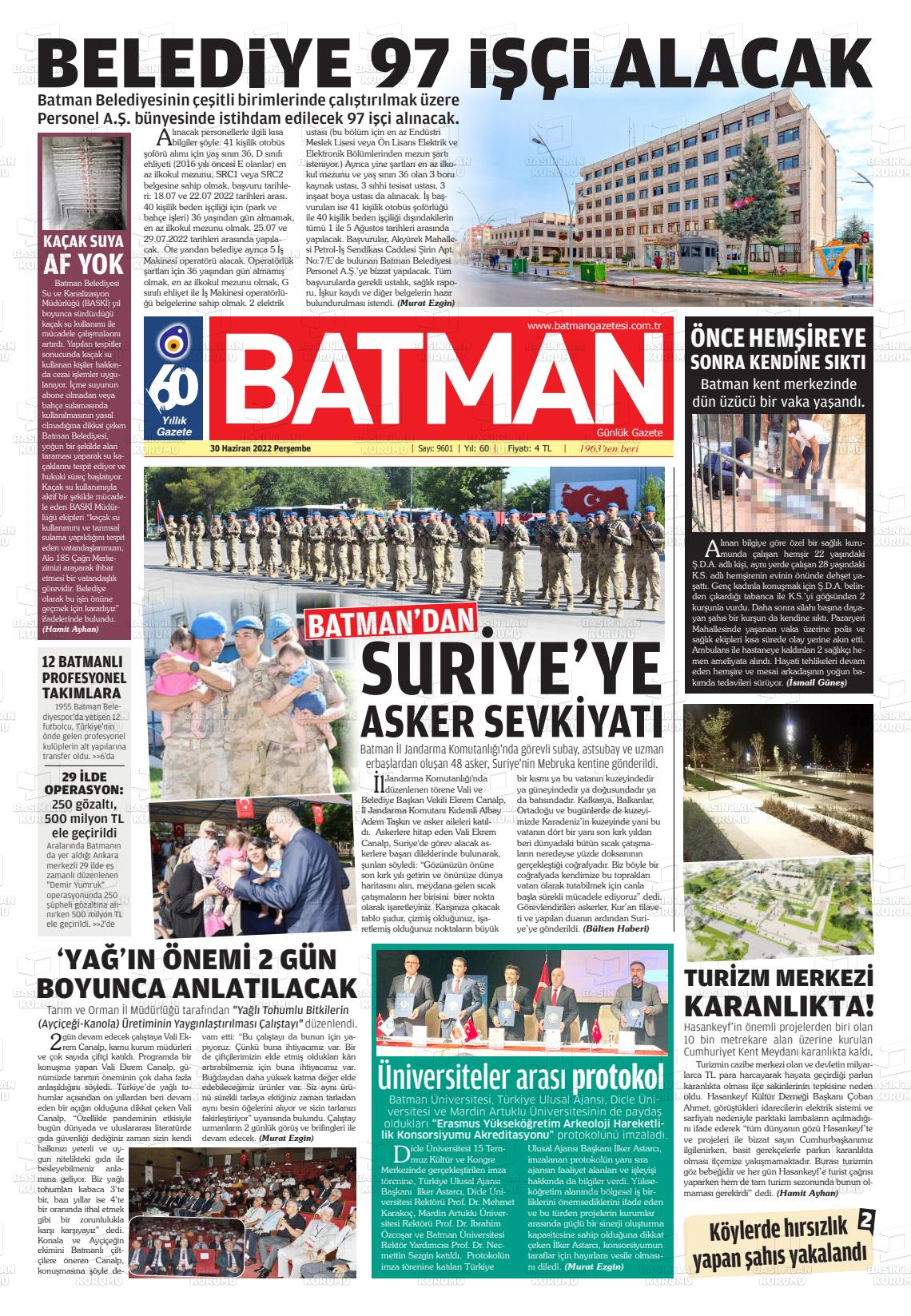 01 Temmuz 2022 BATMAN GAZETESİ Gazete Manşeti