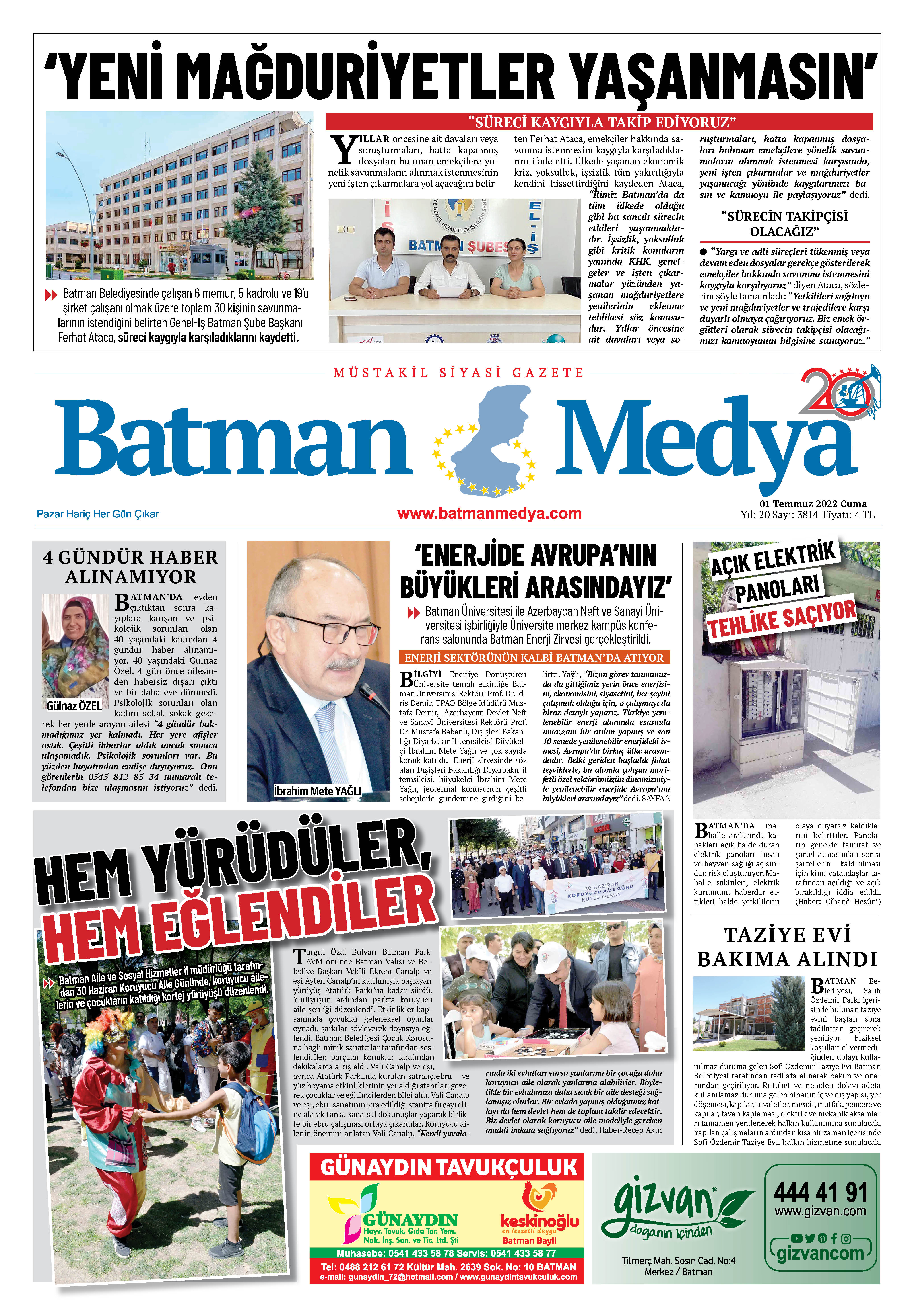 03 Temmuz 2022 Batman Medya Gazete Manşeti