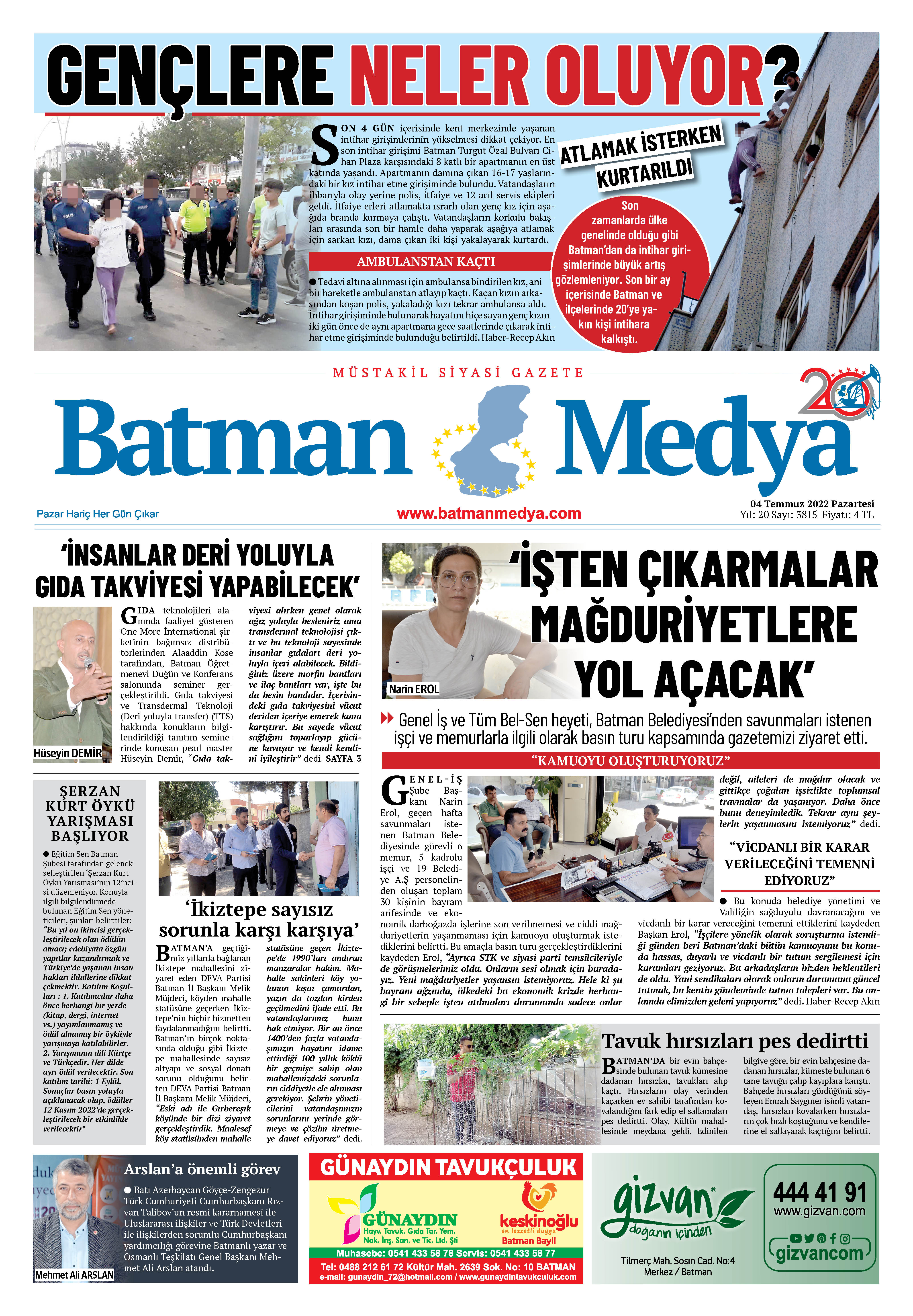 04 Temmuz 2022 Batman Medya Gazete Manşeti