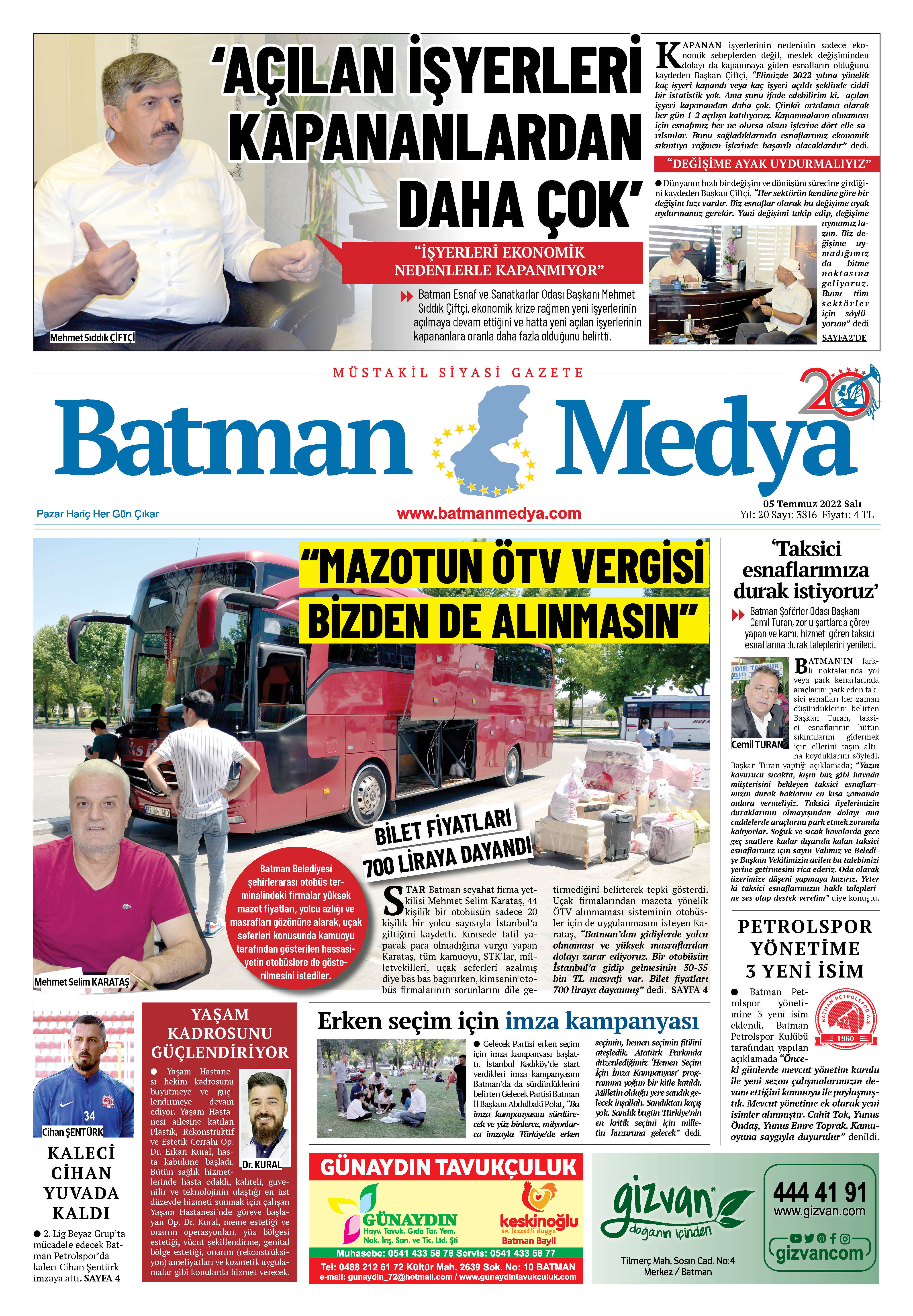 05 Temmuz 2022 Batman Medya Gazete Manşeti