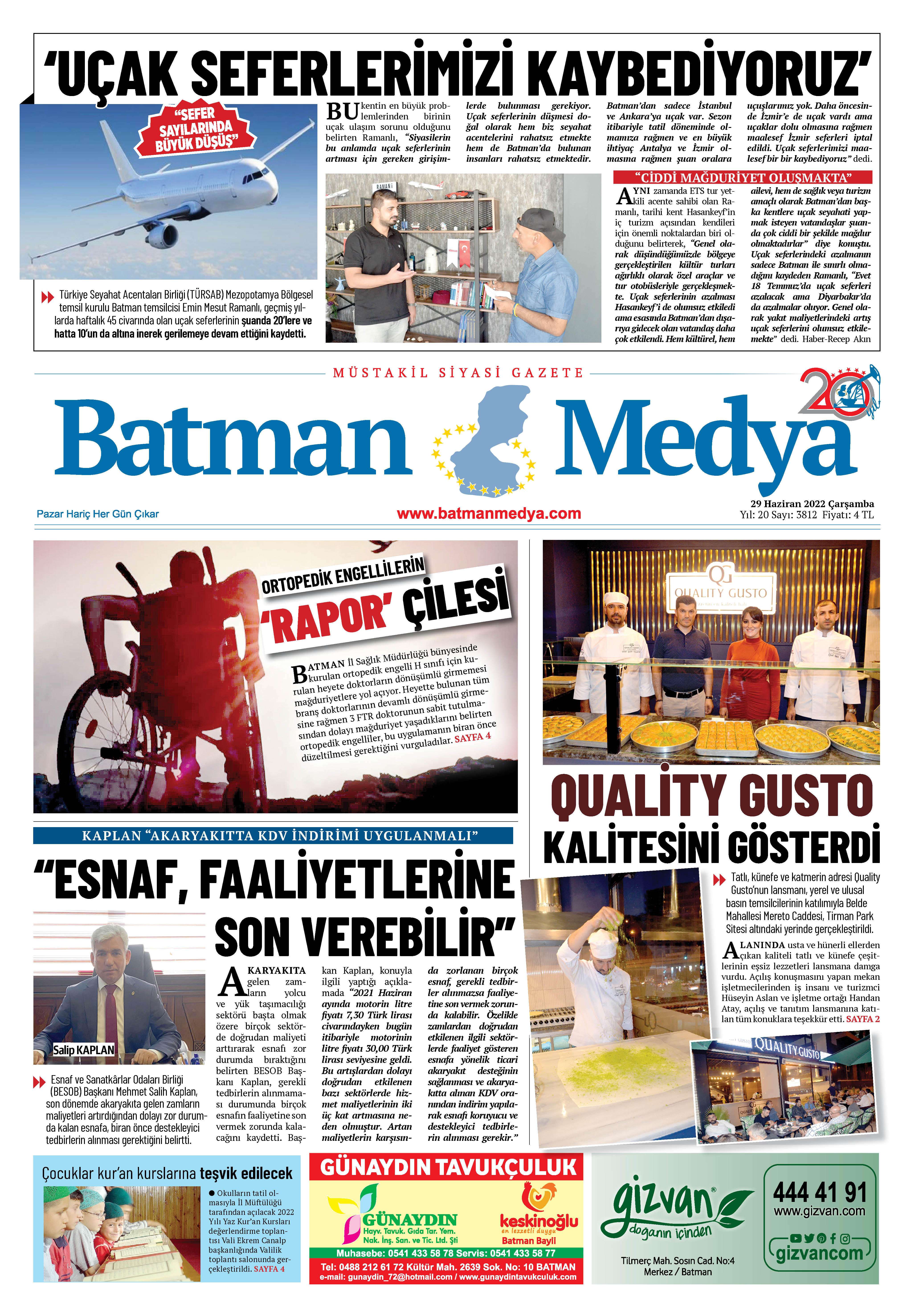 29 Haziran 2022 Batman Medya Gazete Manşeti