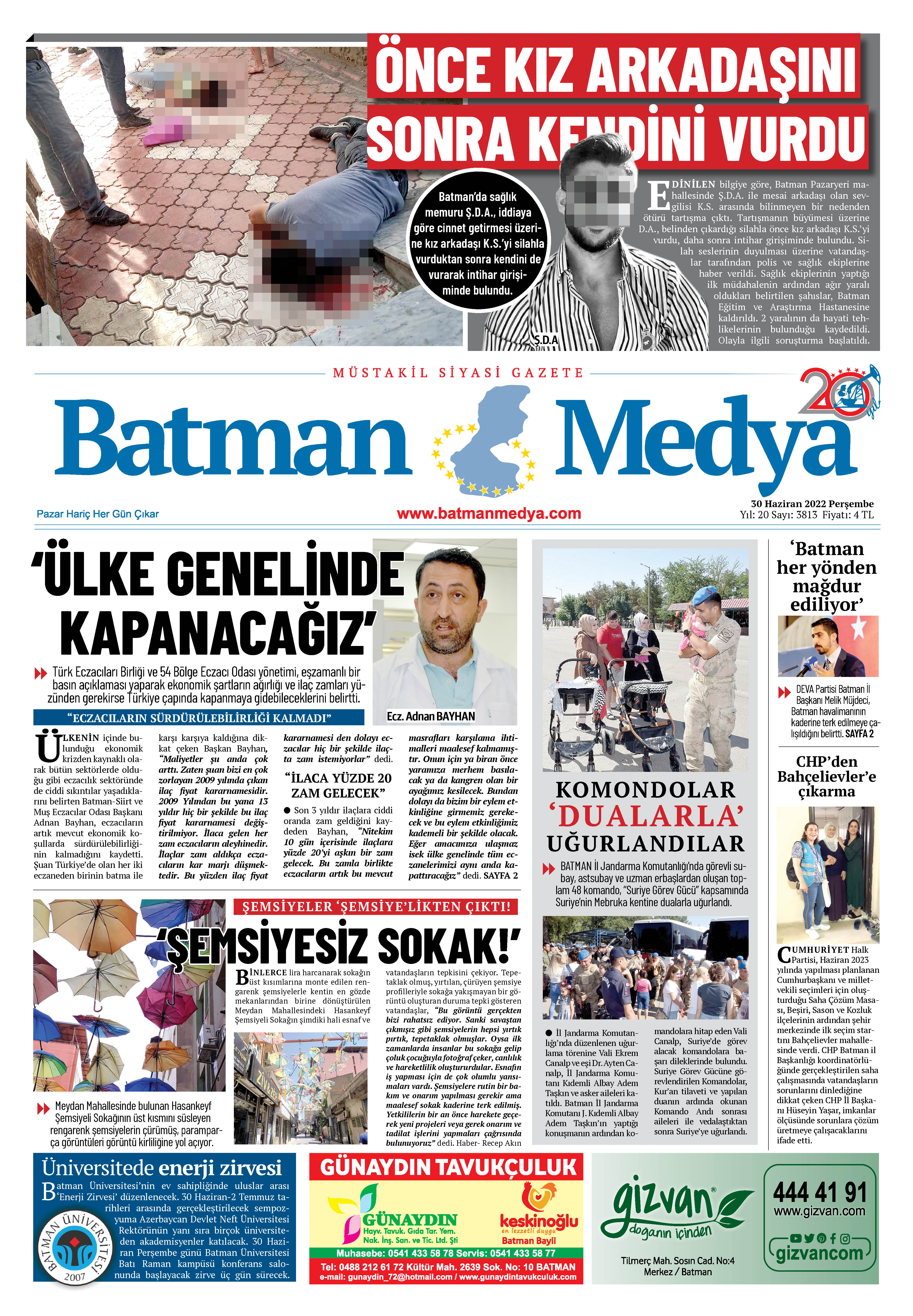 02 Temmuz 2022 Batman Medya Gazete Manşeti