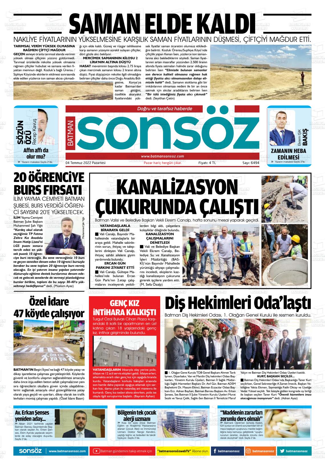 04 Temmuz 2022 Batman Sonsöz Gazete Manşeti