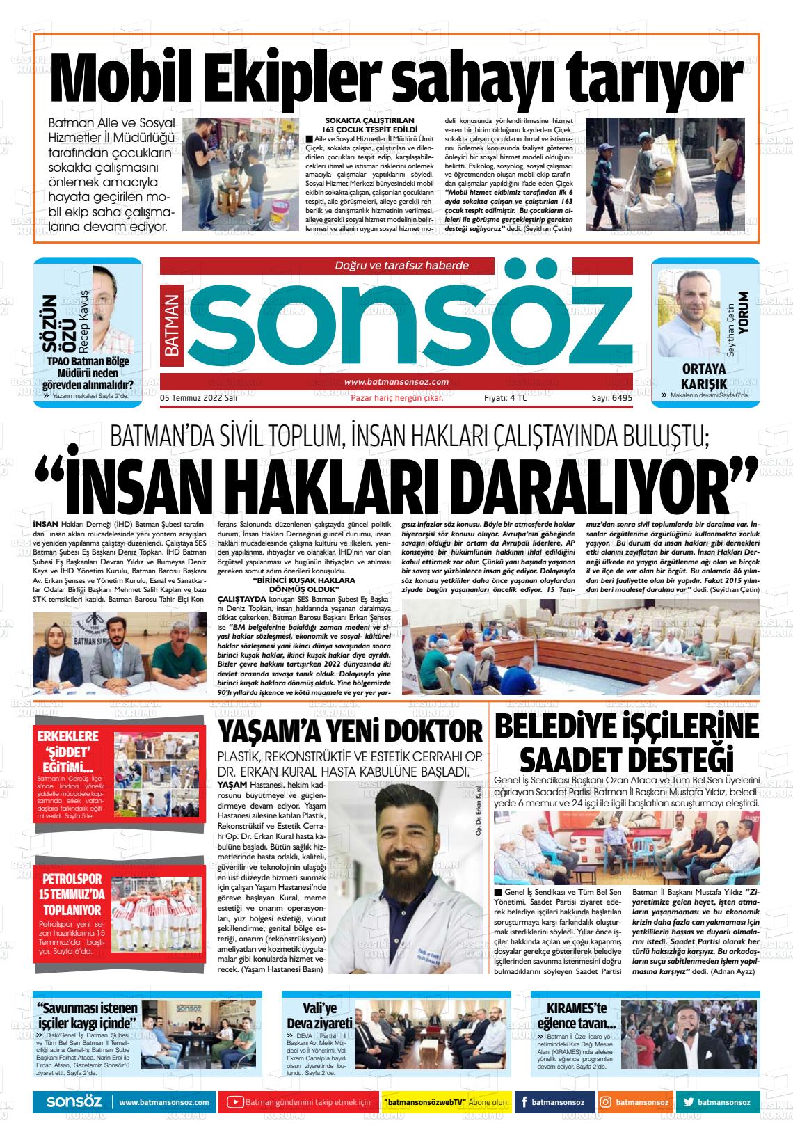 05 Temmuz 2022 Batman Sonsöz Gazete Manşeti