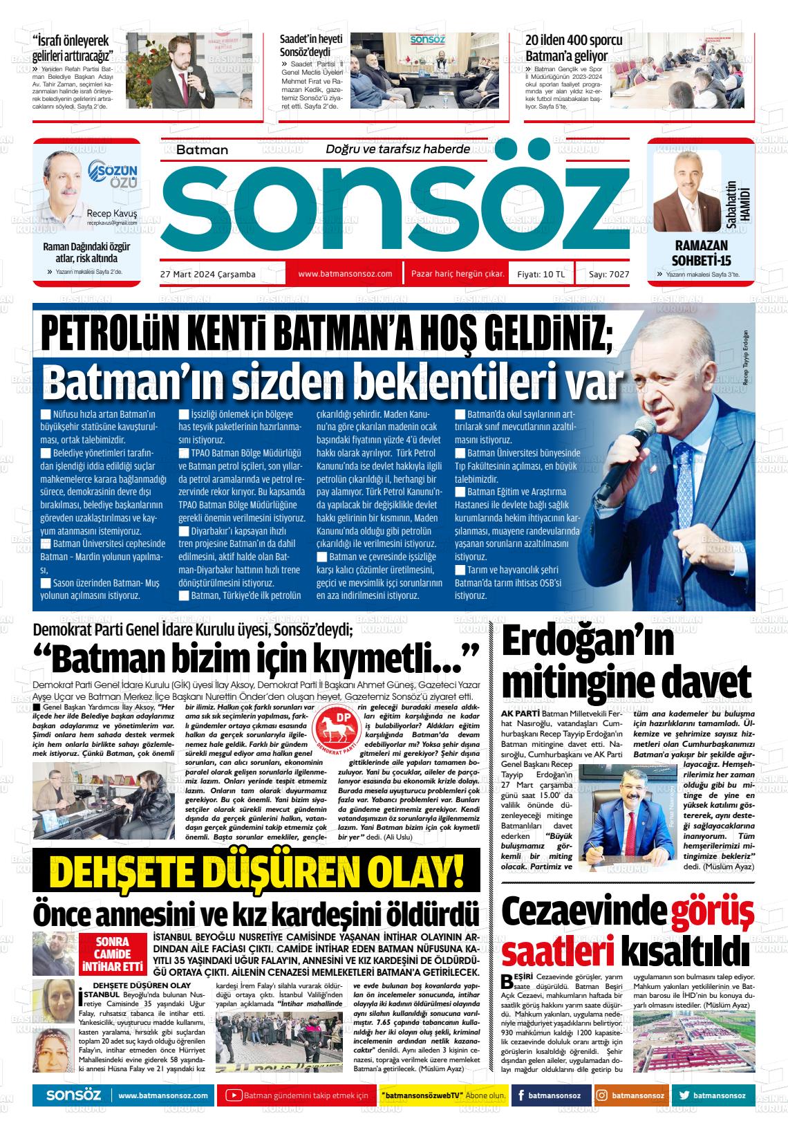 27 Mart 2024 Batman Sonsöz Gazete Manşeti