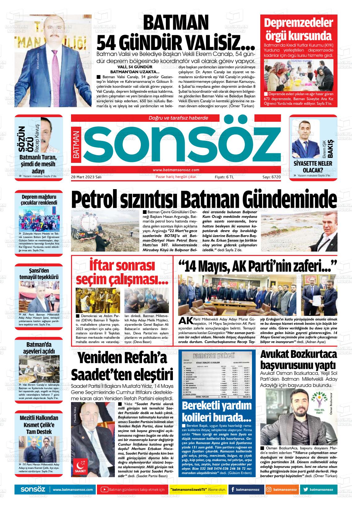 28 Mart 2023 Batman Sonsöz Gazete Manşeti