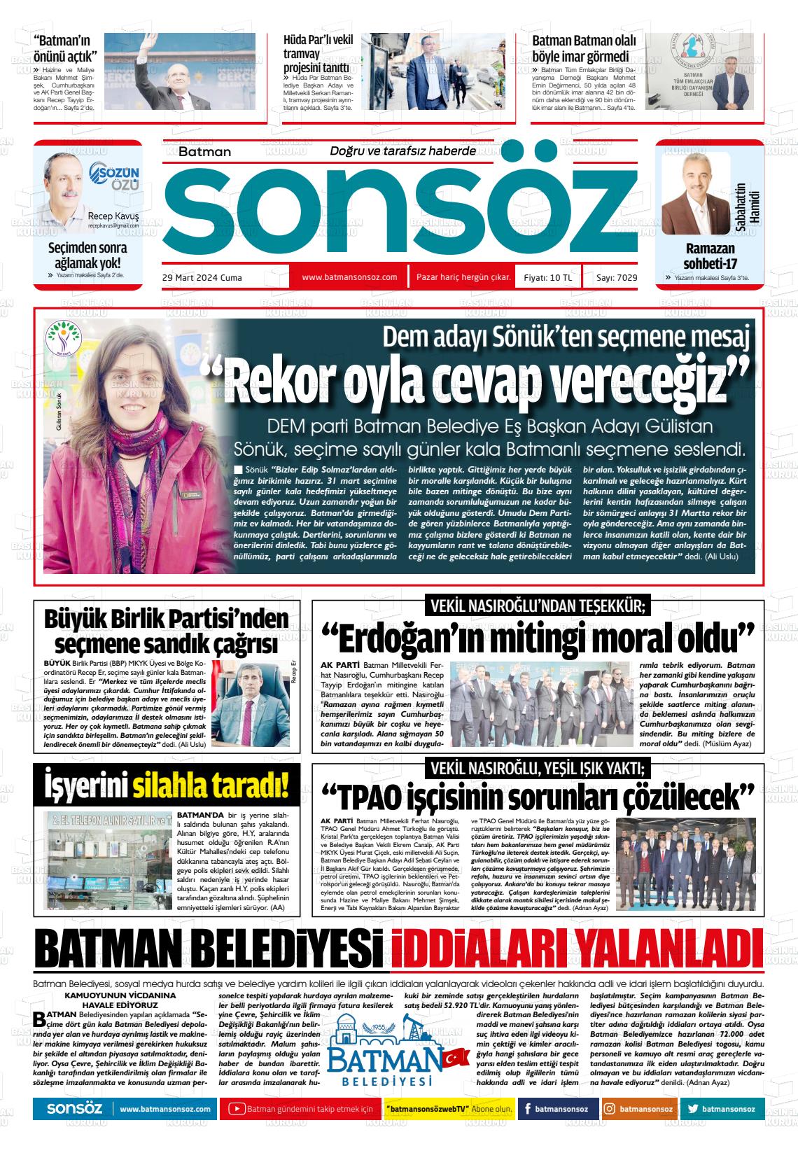 29 Mart 2024 Batman Sonsöz Gazete Manşeti