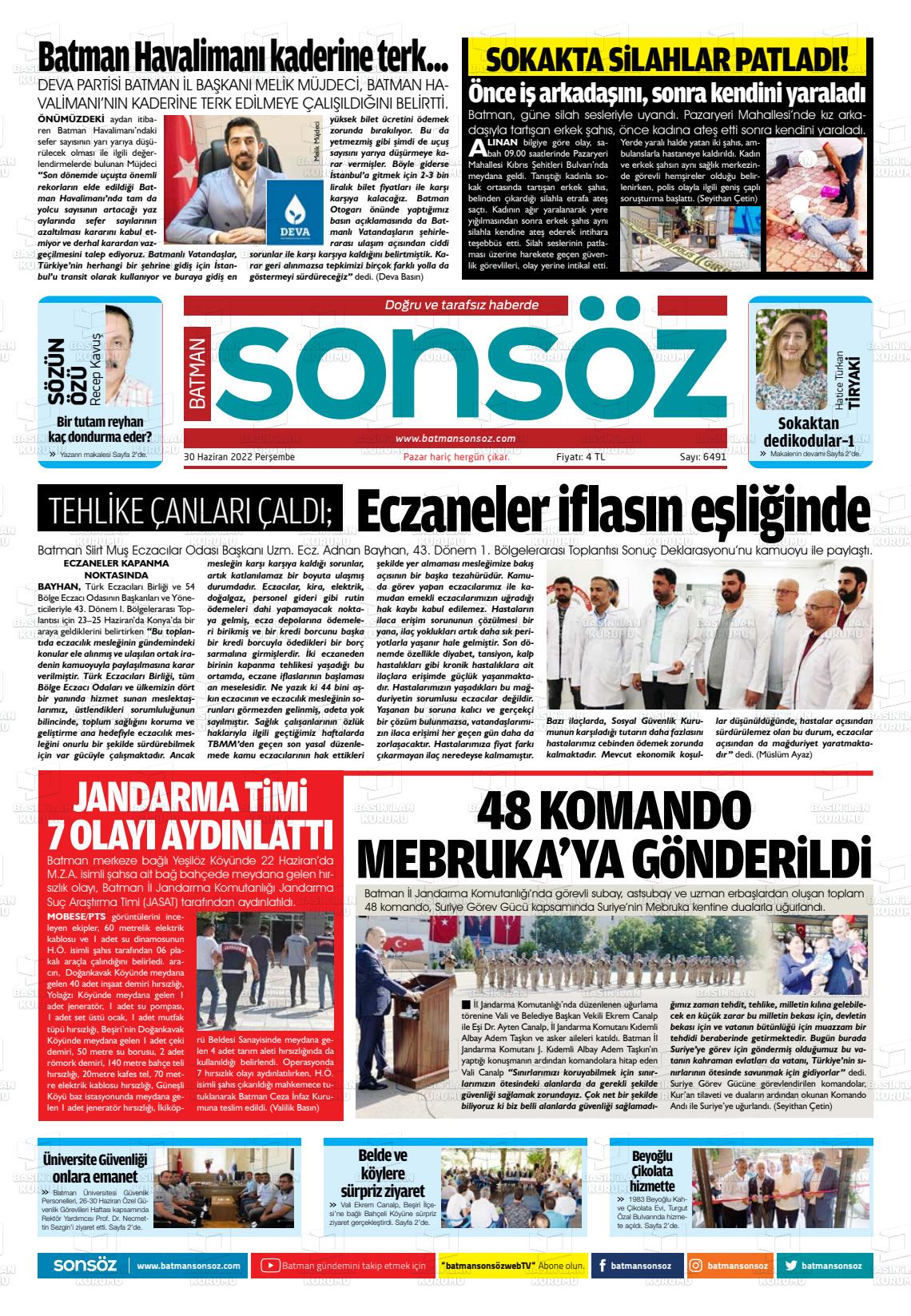 01 Temmuz 2022 Batman Sonsöz Gazete Manşeti