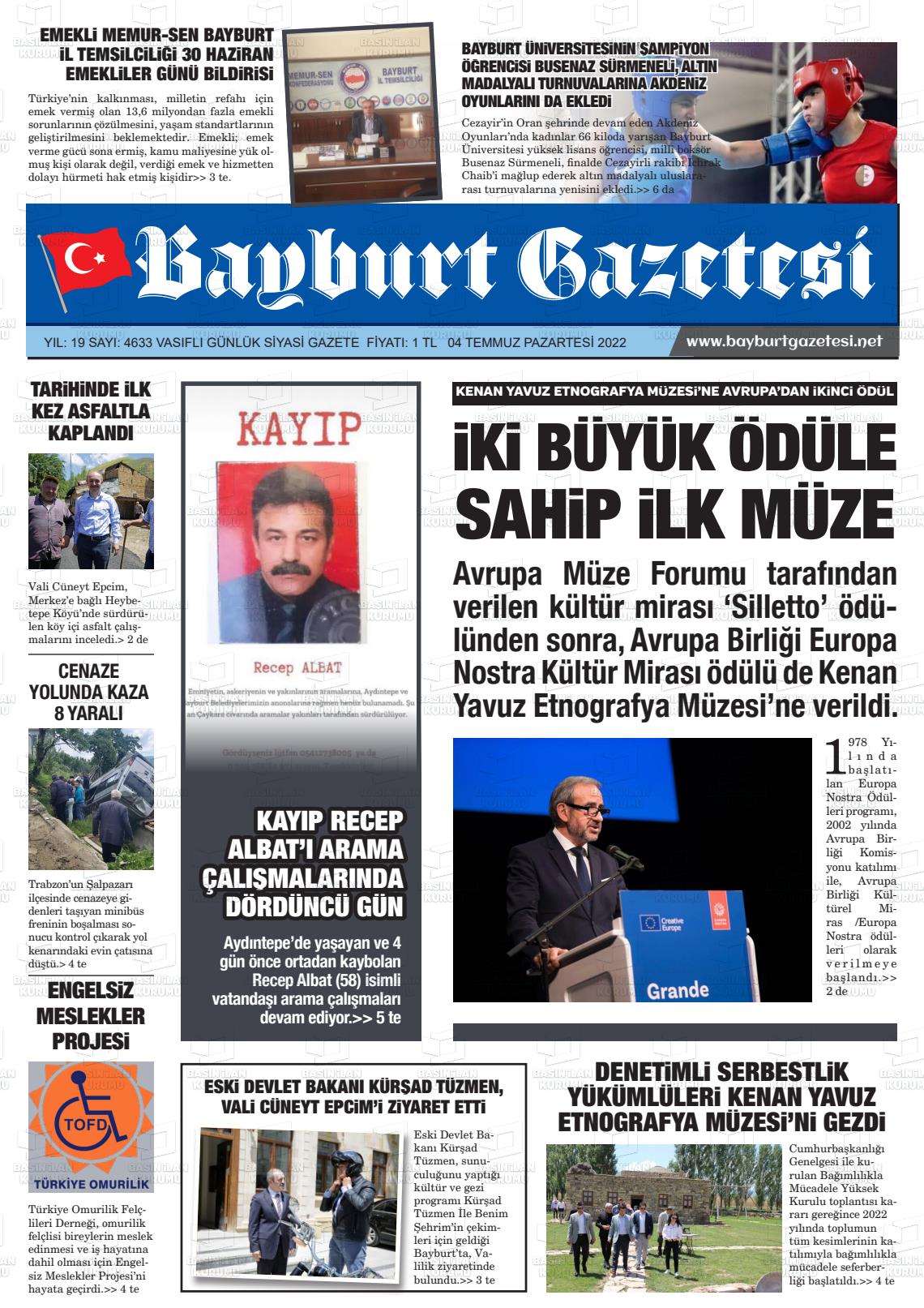 04 Temmuz 2022 Bayburt Sıla Gazete Manşeti