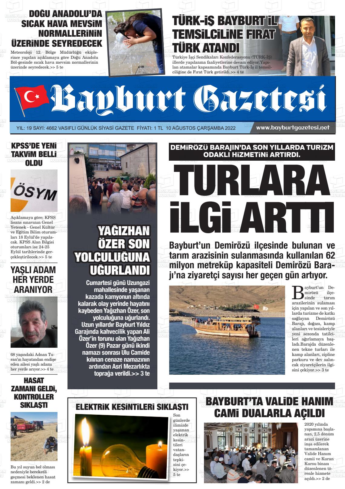 10 Ağustos 2022 Bayburt Sıla Gazete Manşeti