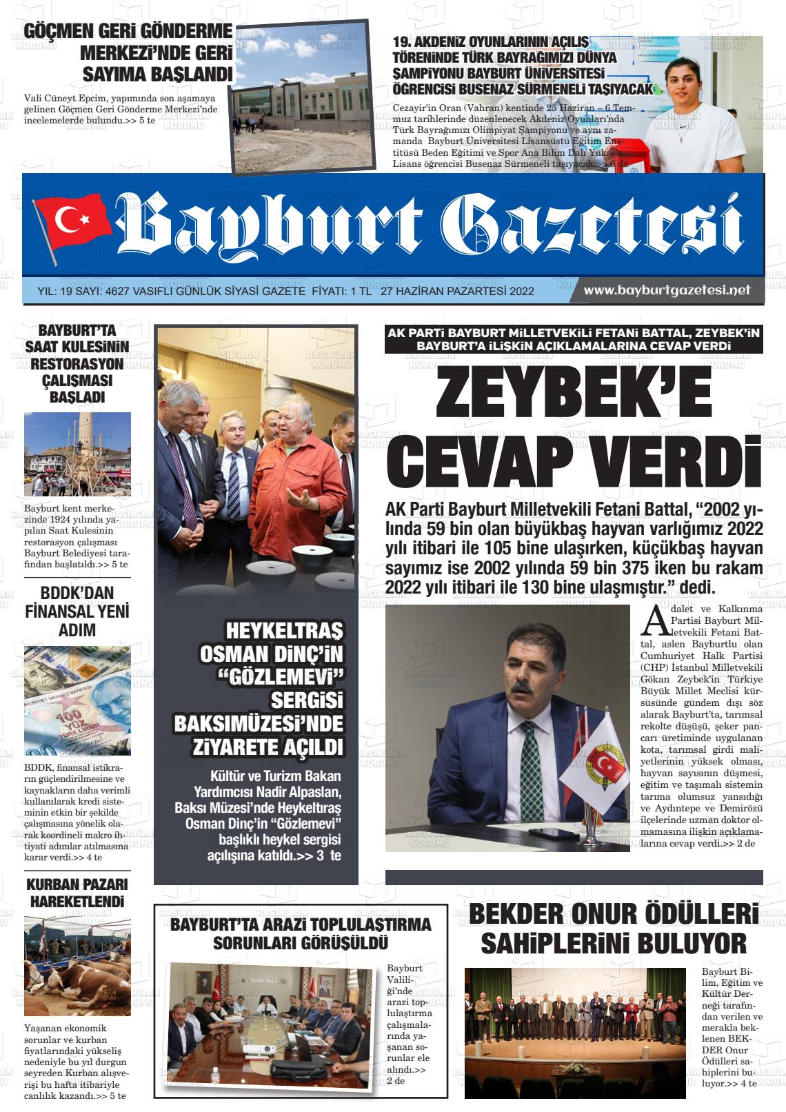 27 Haziran 2022 Bayburt Sıla Gazete Manşeti