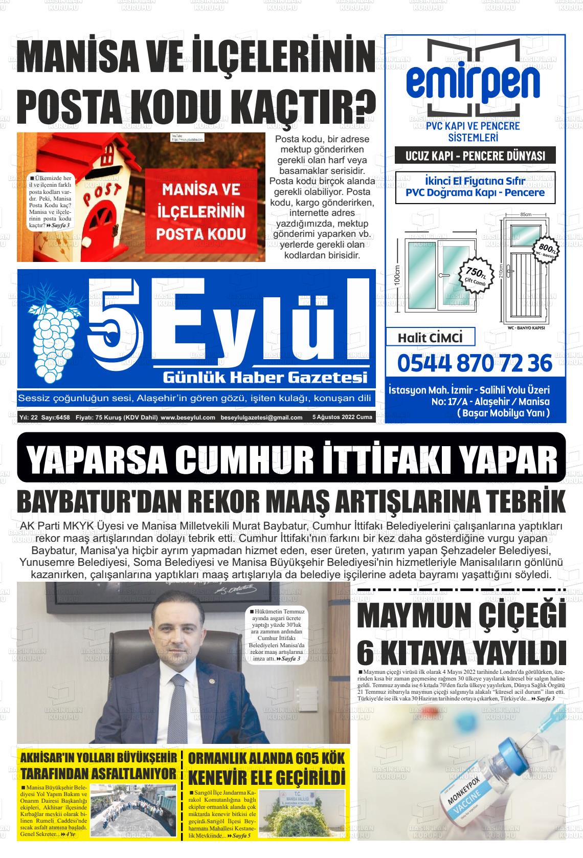 05 Ağustos 2022 5 Eylül Gazete Manşeti