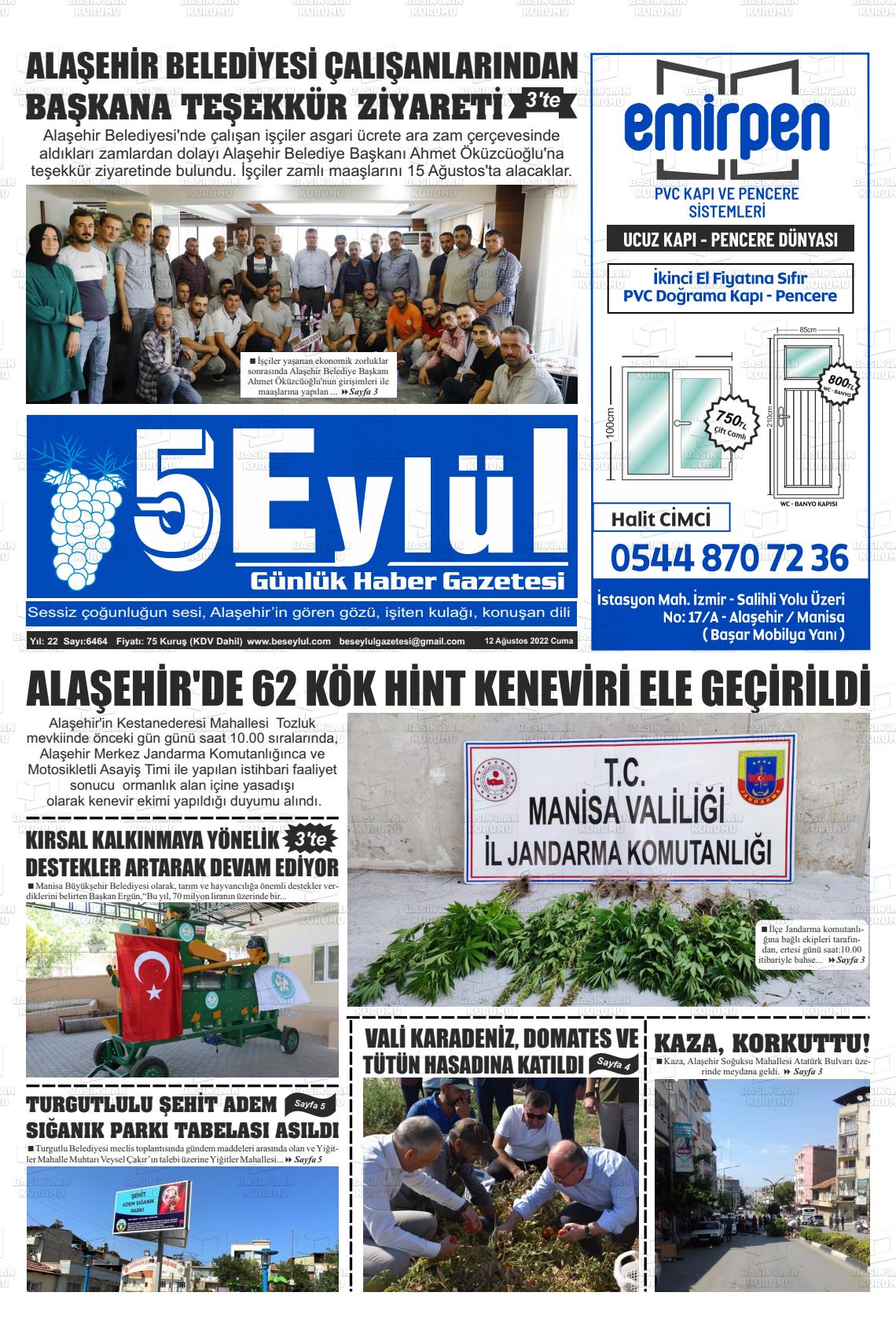 12 Ağustos 2022 5 Eylül Gazete Manşeti