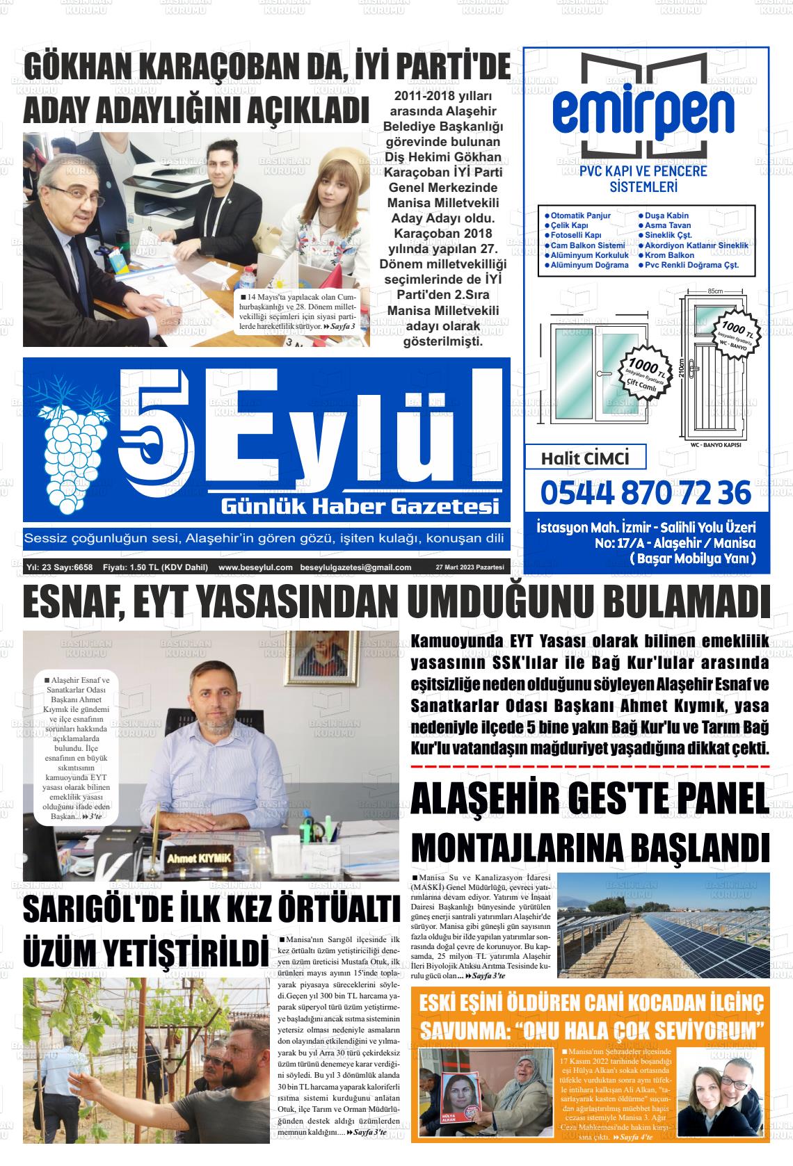 27 Mart 2023 5 Eylül Gazete Manşeti