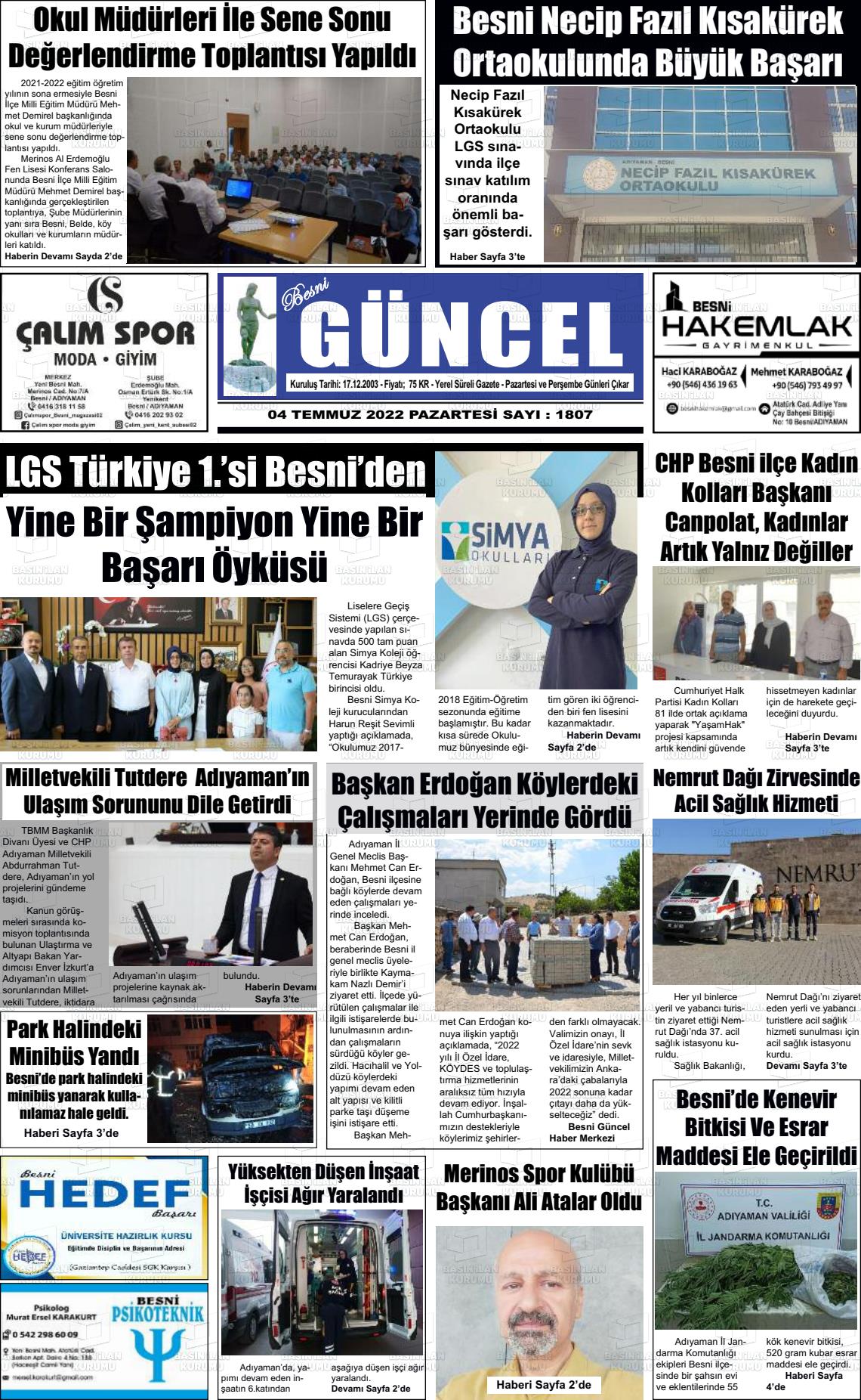 04 Temmuz 2022 Besni Güncel Gazete Manşeti