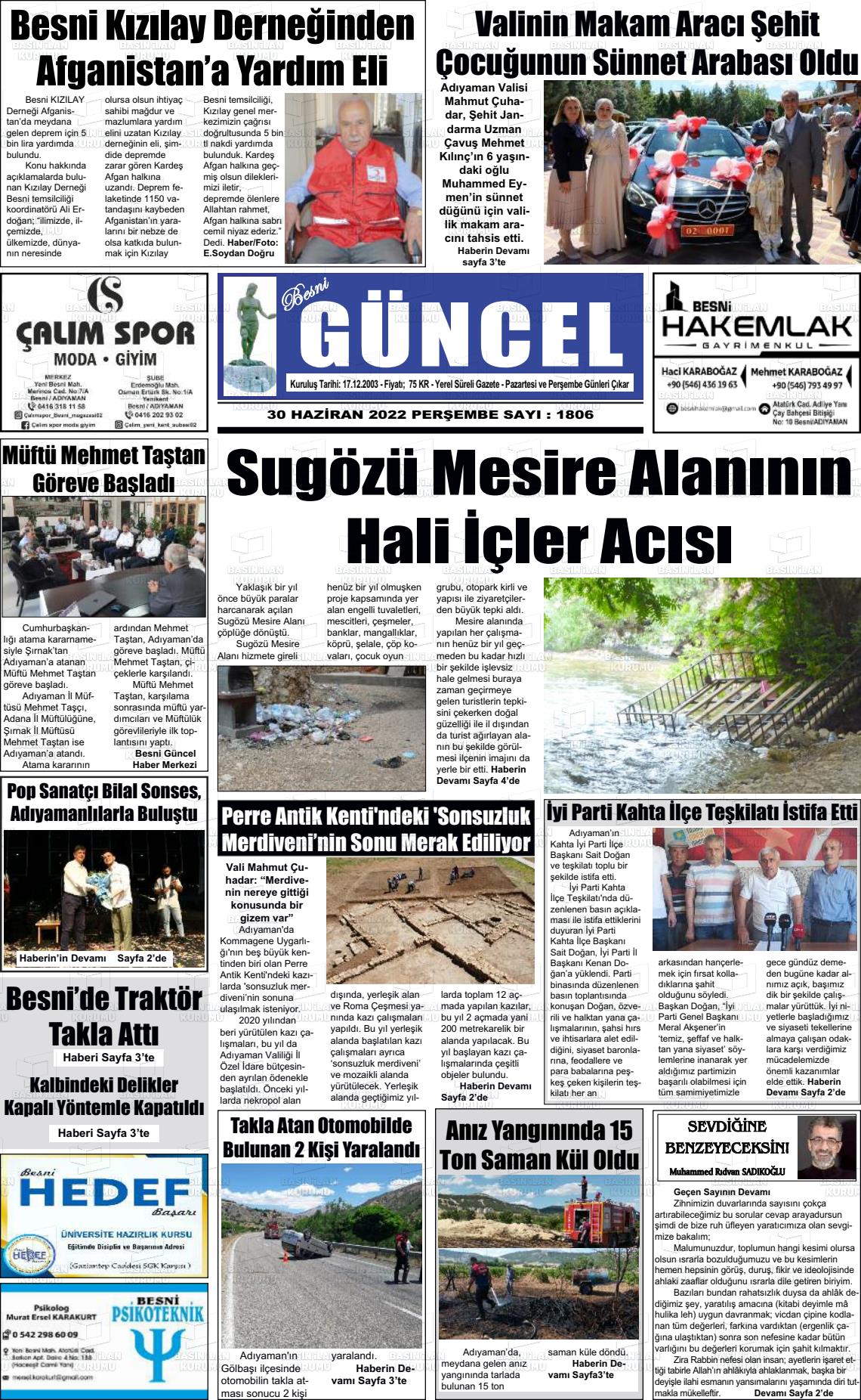 01 Temmuz 2022 Besni Güncel Gazete Manşeti