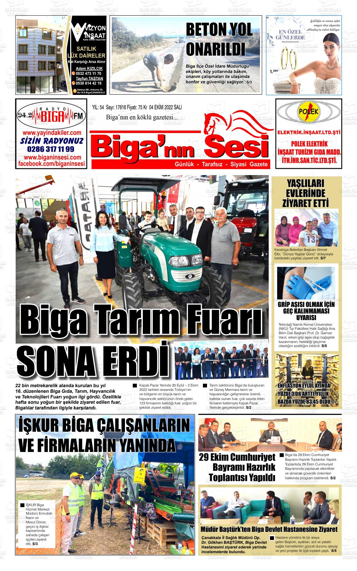 04 Ekim 2022 Biga'nın Sesi Gazete Manşeti