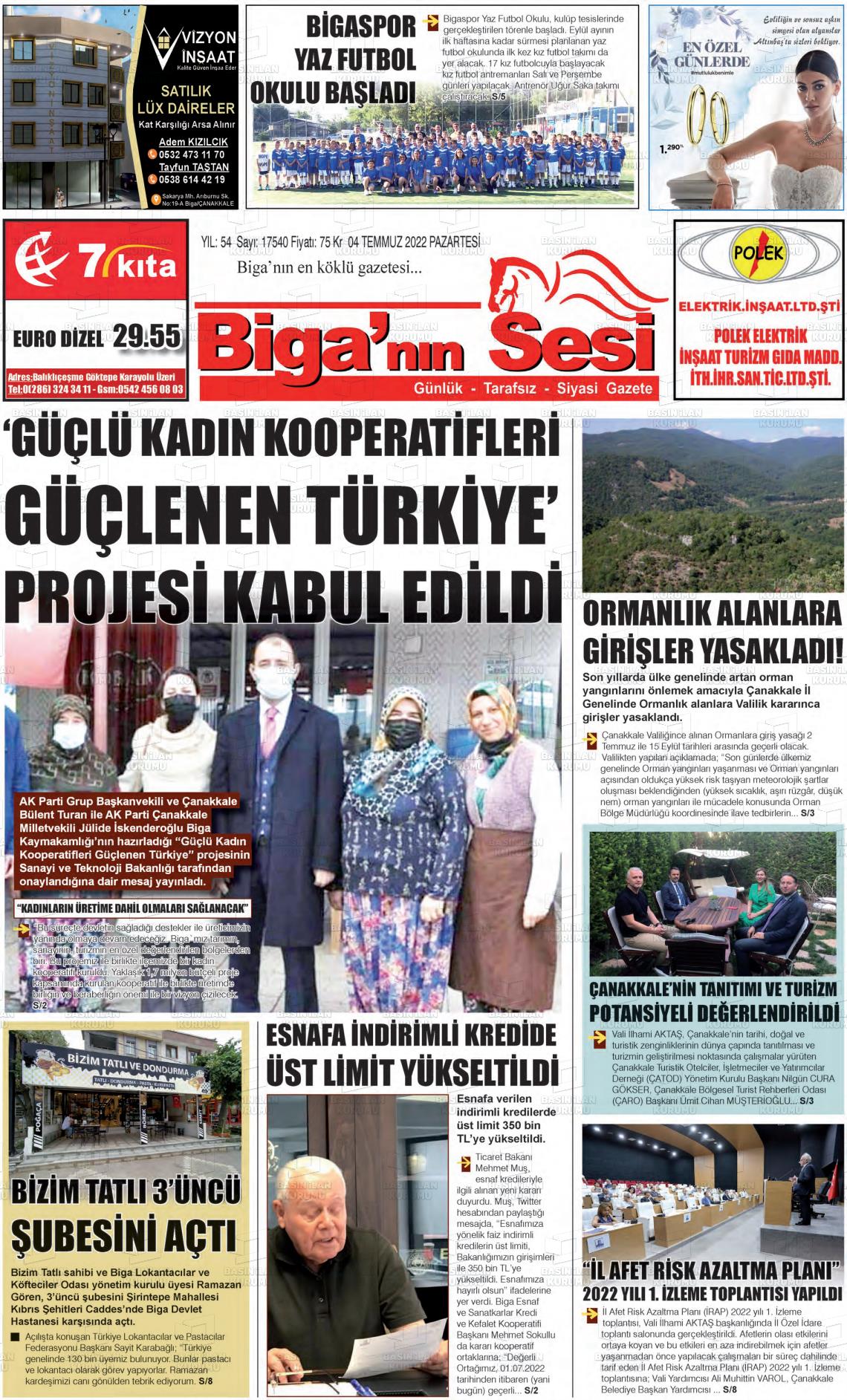 04 Temmuz 2022 Biga'nın Sesi Gazete Manşeti