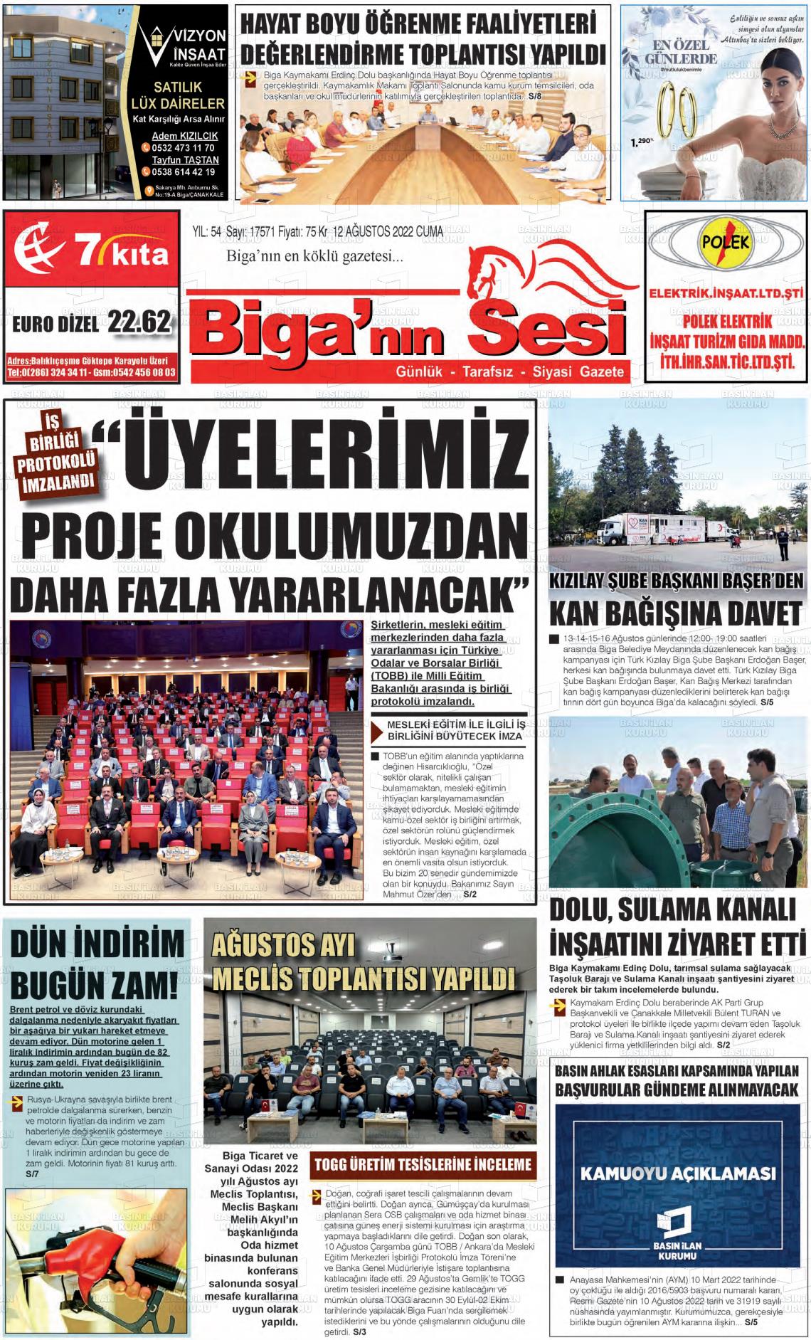 12 Ağustos 2022 Biga'nın Sesi Gazete Manşeti