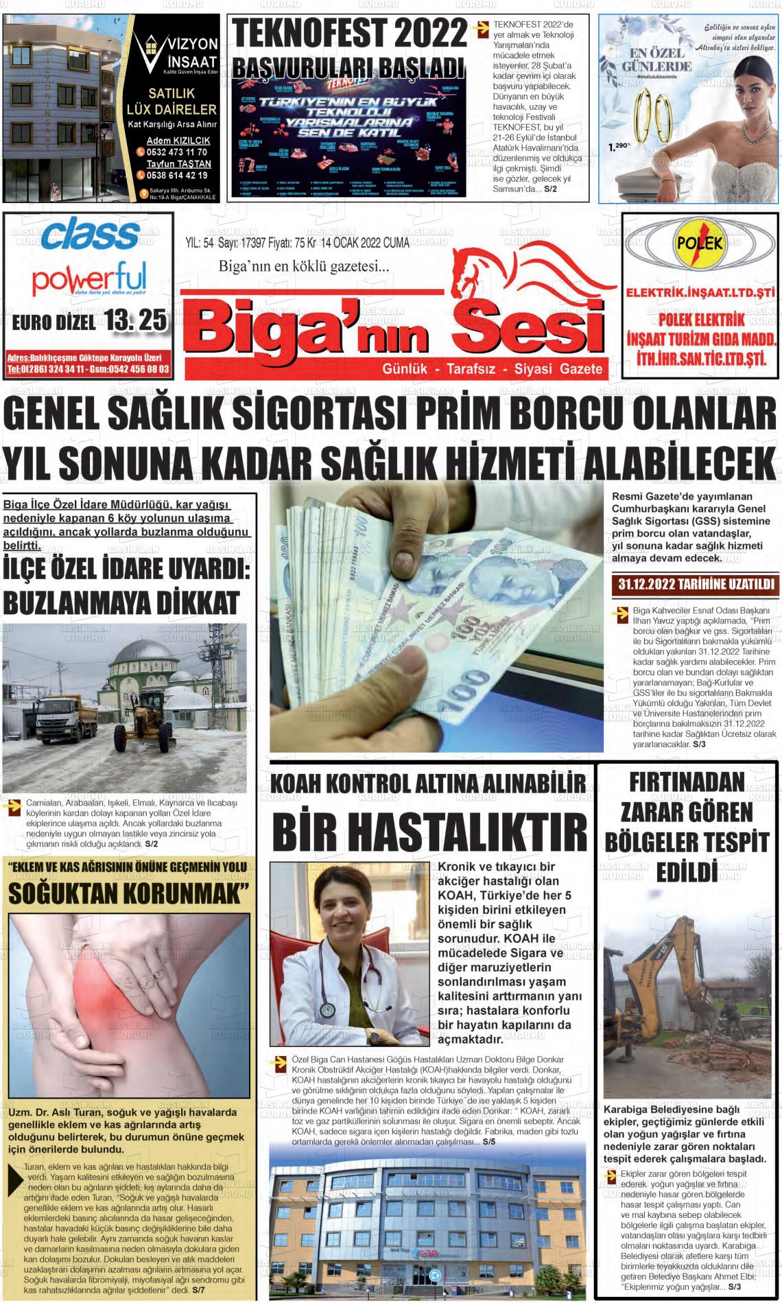 14 Ocak 2022 Biga'nın Sesi Gazete Manşeti