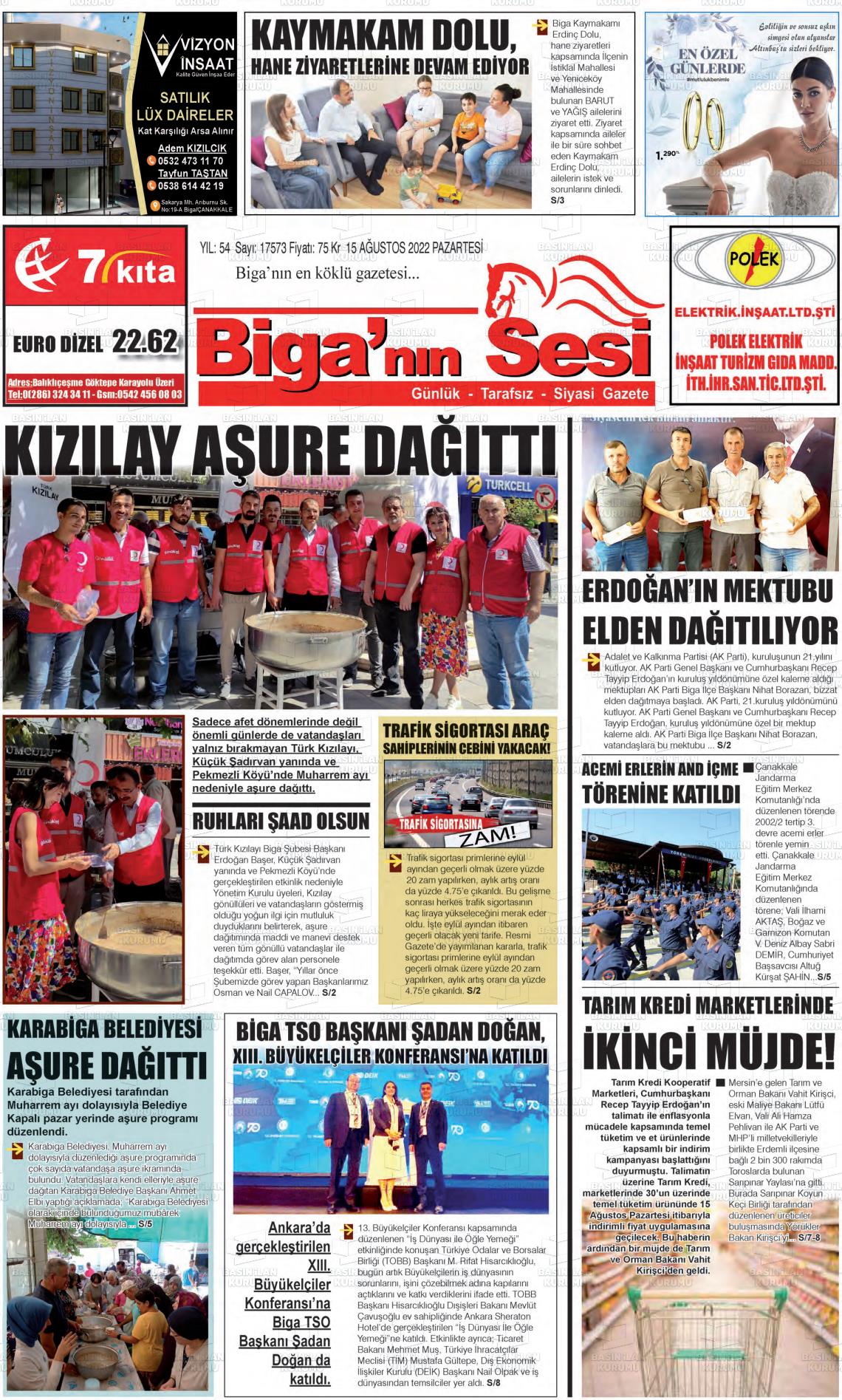 15 Ağustos 2022 Biga'nın Sesi Gazete Manşeti