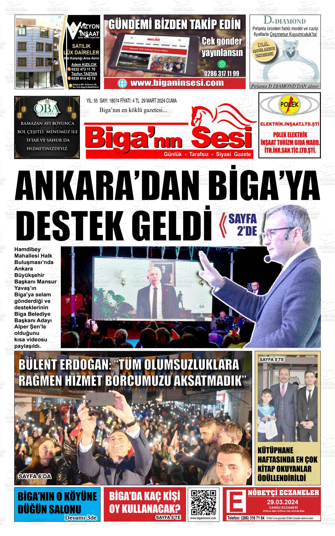 29 Mart 2024 Biga'nın Sesi Gazete Manşeti