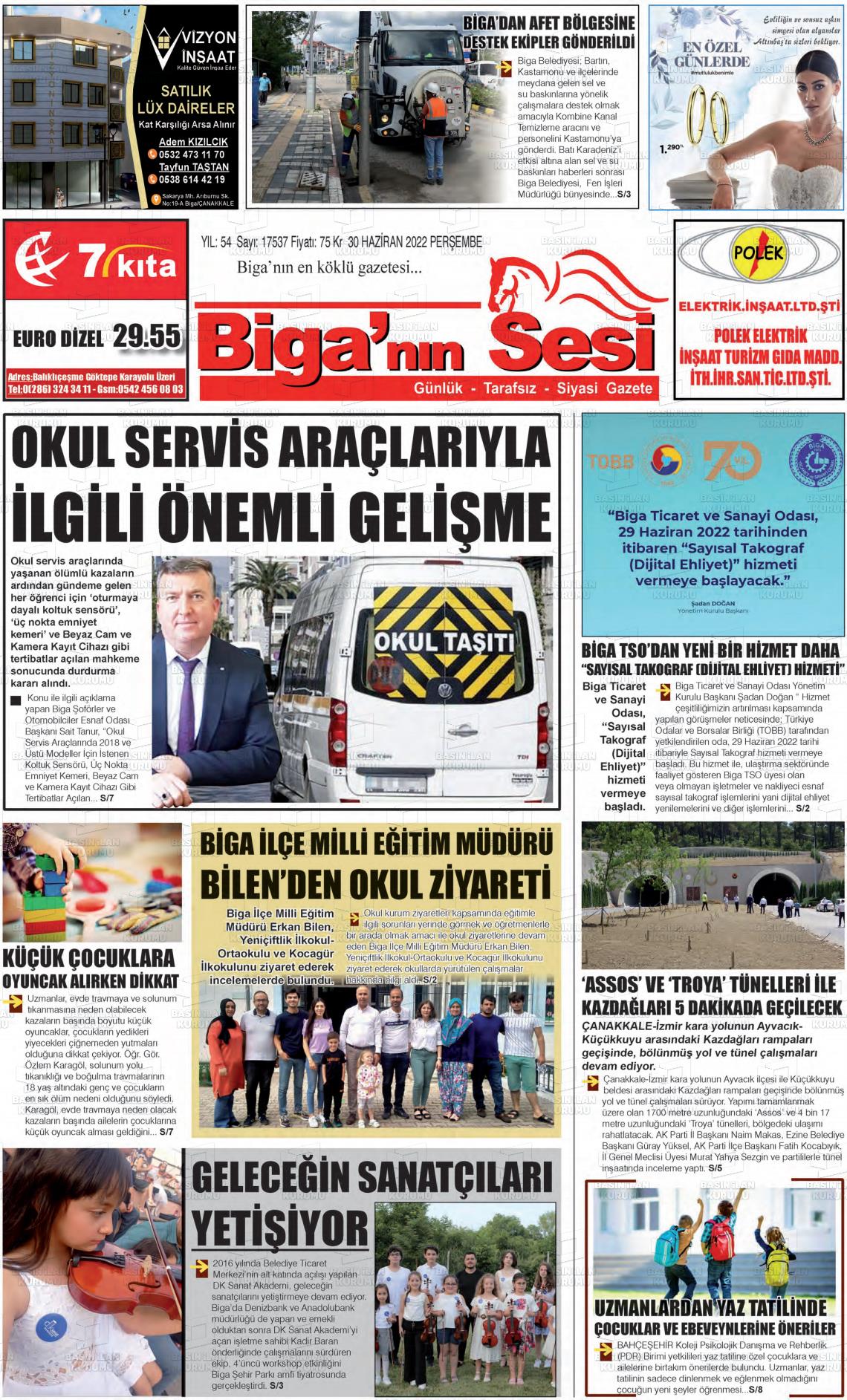 01 Temmuz 2022 Biga'nın Sesi Gazete Manşeti
