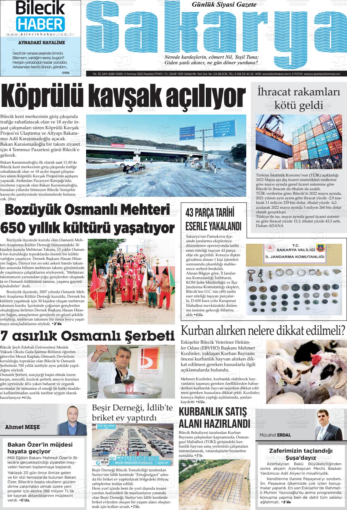 04 Temmuz 2022 Bilecik Haber Sakarya Gazete Manşeti
