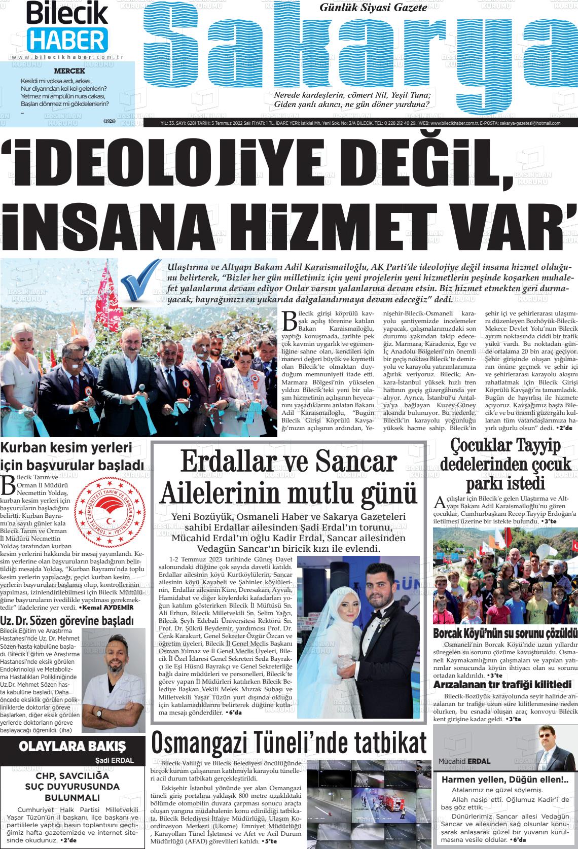 05 Temmuz 2022 Bilecik Haber Sakarya Gazete Manşeti