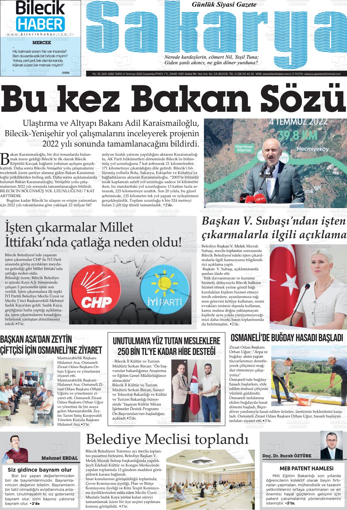 06 Temmuz 2022 Bilecik Haber Sakarya Gazete Manşeti