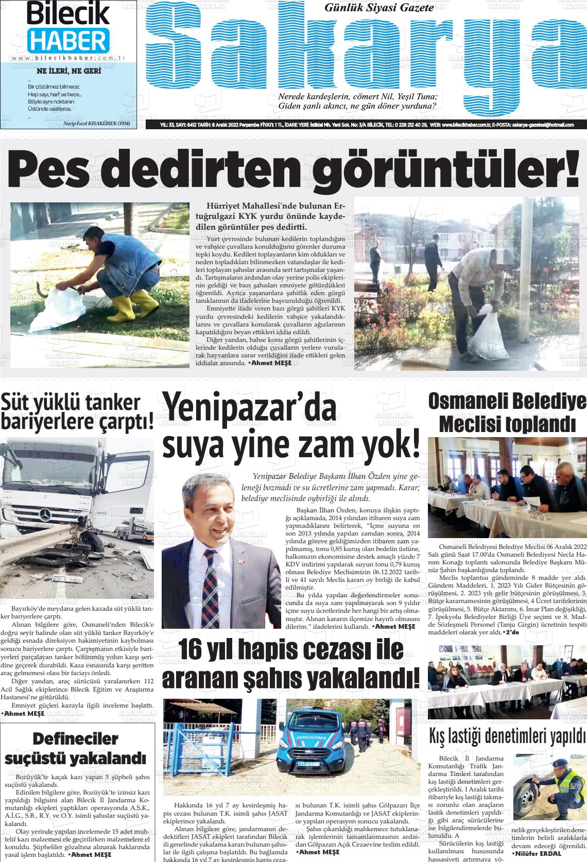 08 Aralık 2022 Bilecik Haber Sakarya Gazete Manşeti