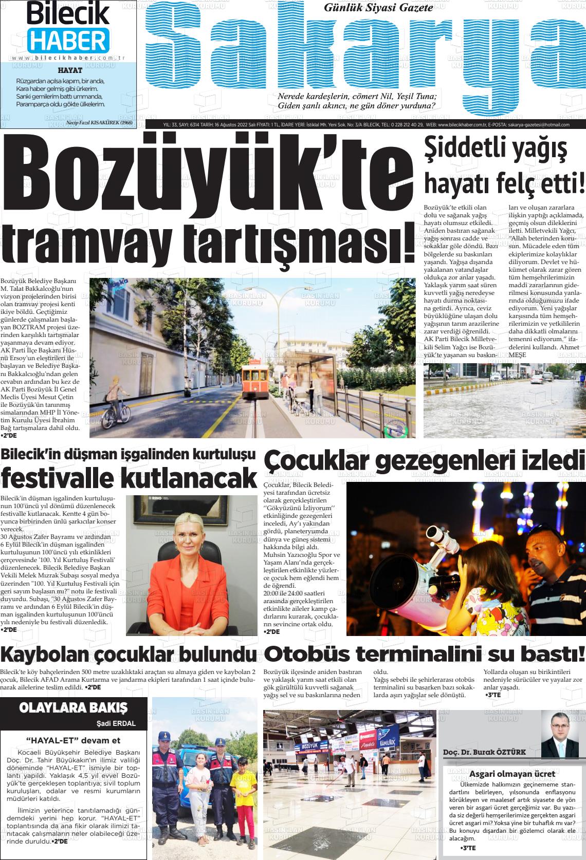 16 Ağustos 2022 Bilecik Haber Sakarya Gazete Manşeti