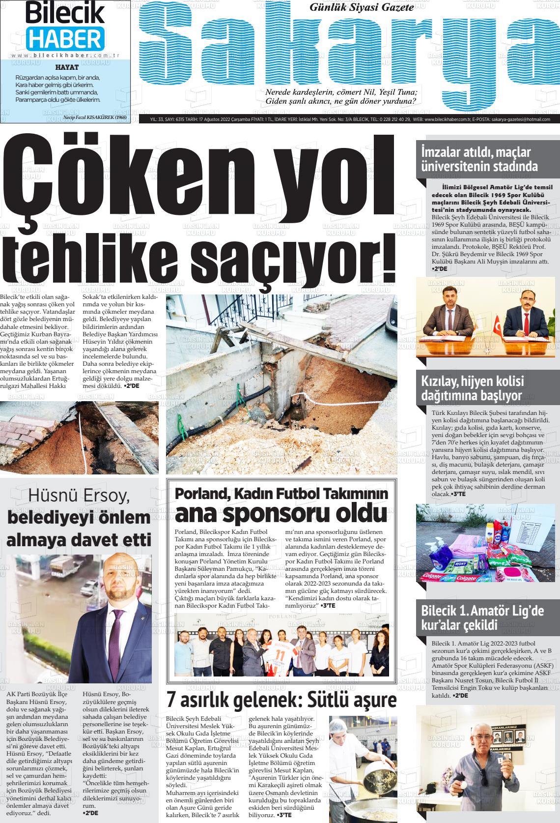 17 Ağustos 2022 Bilecik Haber Sakarya Gazete Manşeti