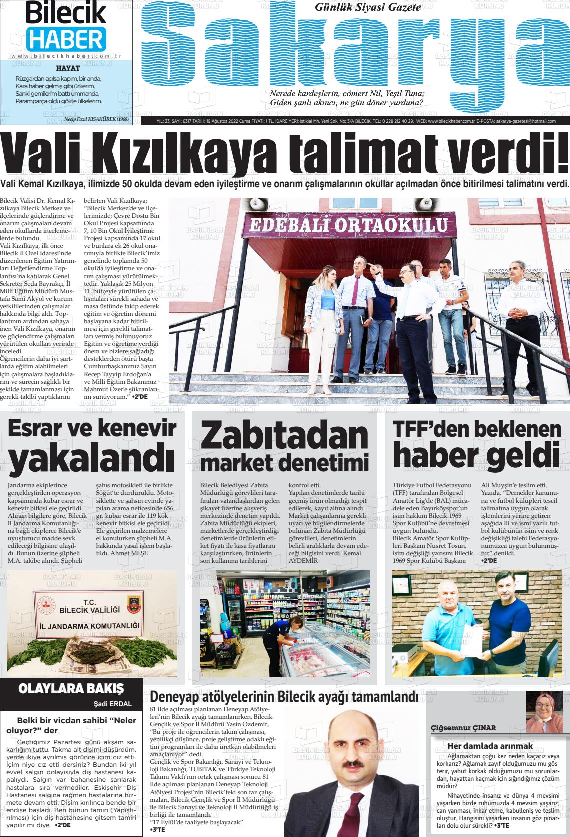 19 Ağustos 2022 Bilecik Haber Sakarya Gazete Manşeti