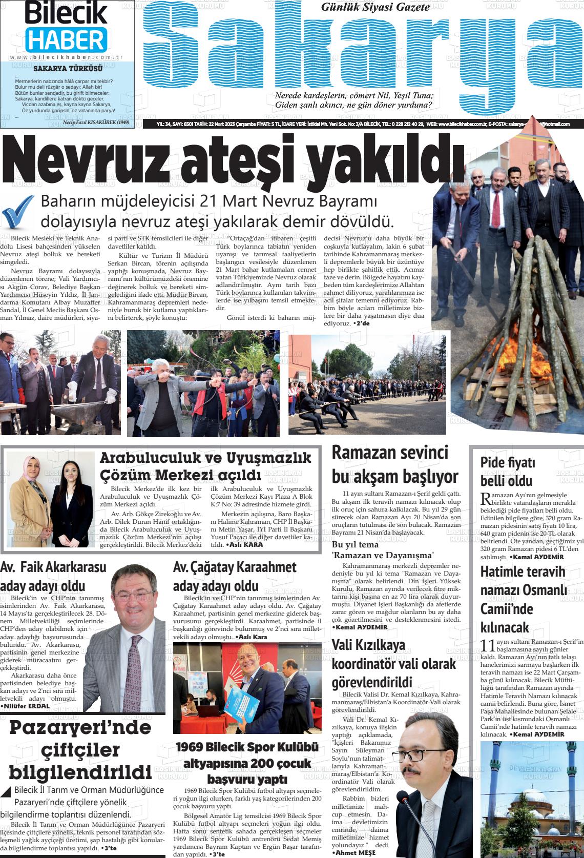22 Mart 2023 Bilecik Haber Sakarya Gazete Manşeti