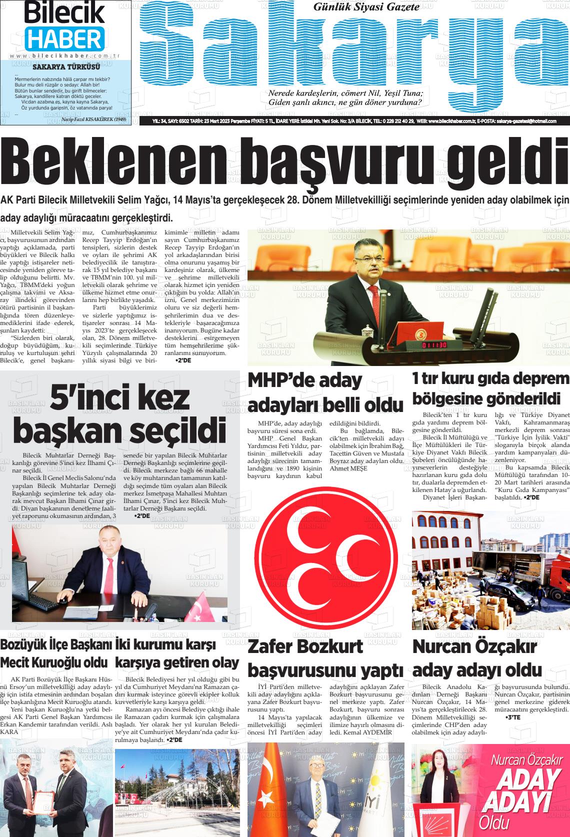 23 Mart 2023 Bilecik Haber Sakarya Gazete Manşeti