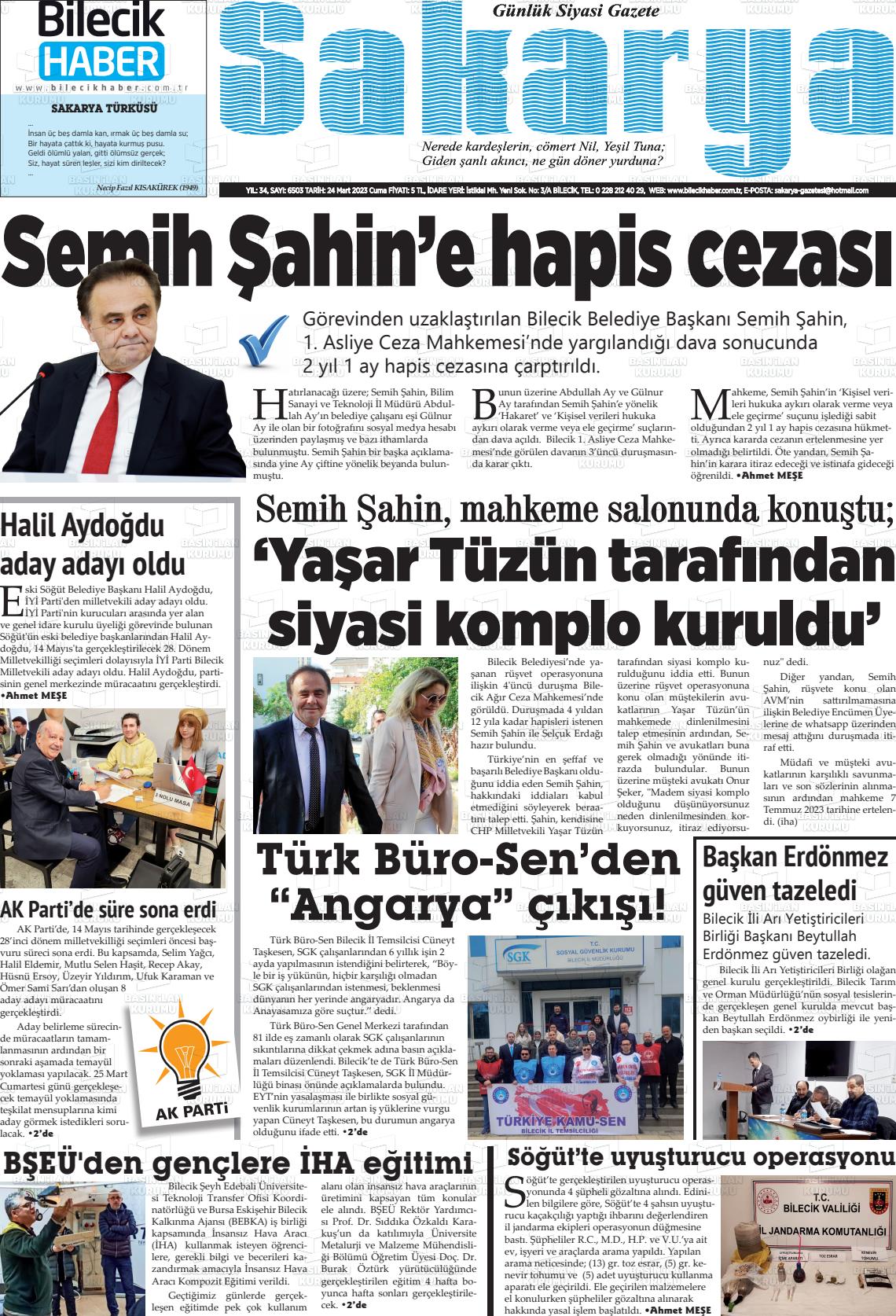24 Mart 2023 Bilecik Haber Sakarya Gazete Manşeti