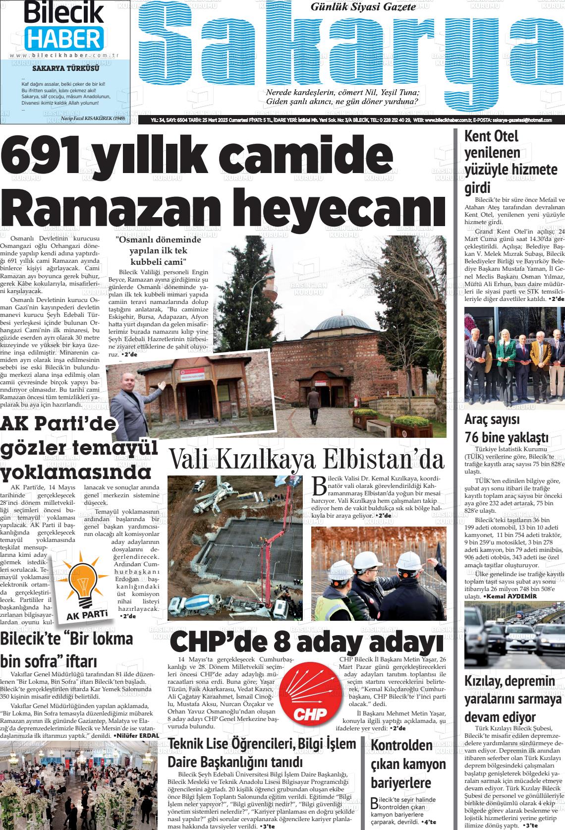 25 Mart 2023 Bilecik Haber Sakarya Gazete Manşeti