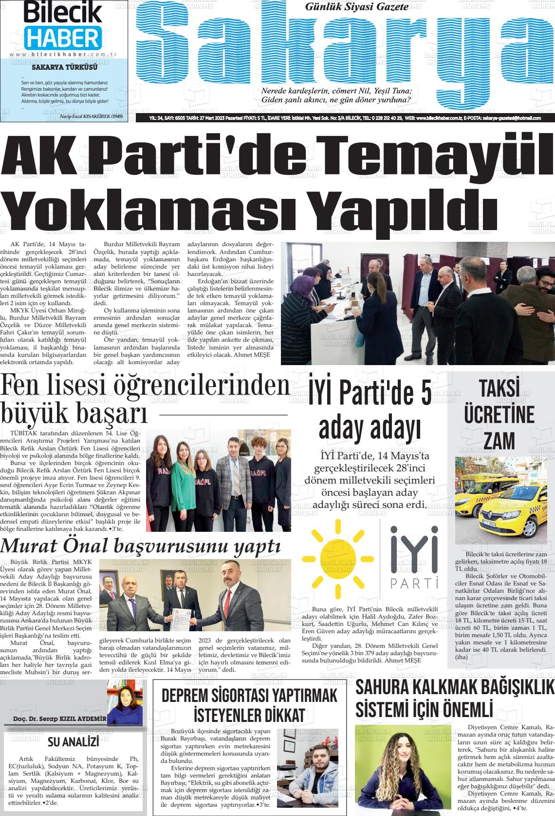 27 Mart 2023 Bilecik Haber Sakarya Gazete Manşeti
