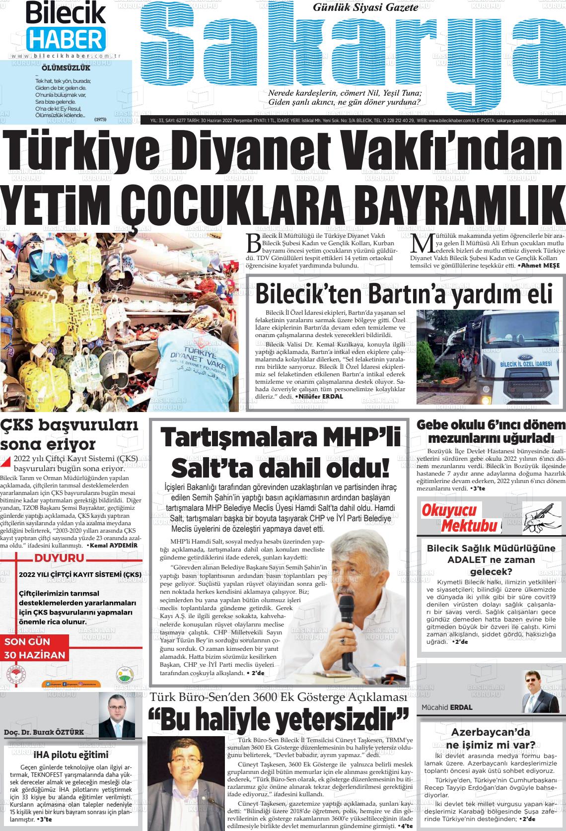 01 Temmuz 2022 Bilecik Haber Sakarya Gazete Manşeti