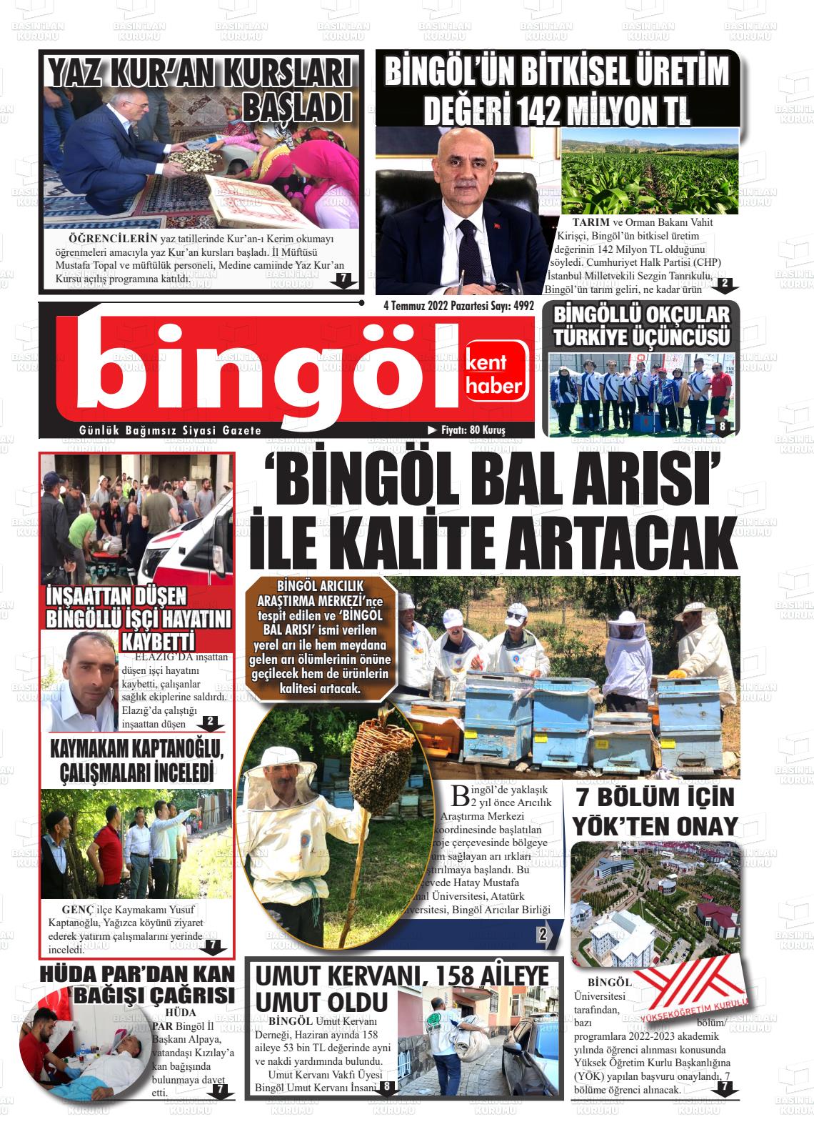 04 Temmuz 2022 Bingöl Kent Haber Gazete Manşeti
