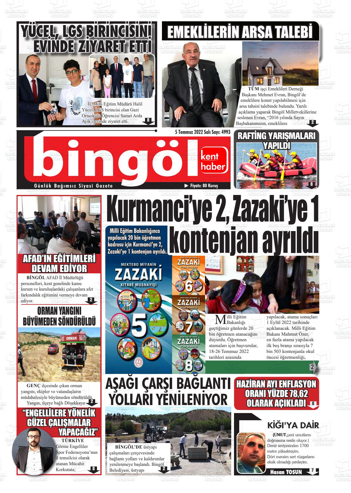 05 Temmuz 2022 Bingöl Kent Haber Gazete Manşeti
