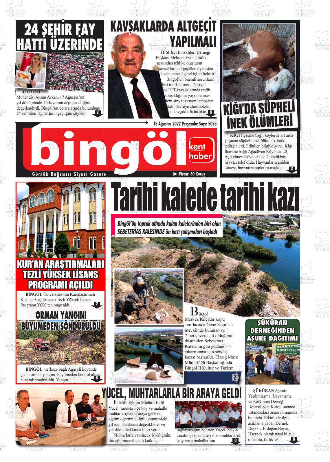 18 Ağustos 2022 Bingöl Kent Haber Gazete Manşeti