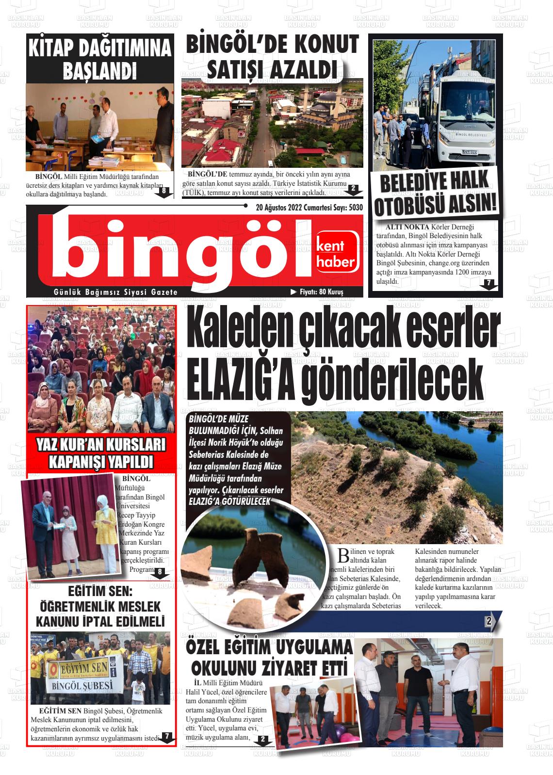 20 Ağustos 2022 Bingöl Kent Haber Gazete Manşeti