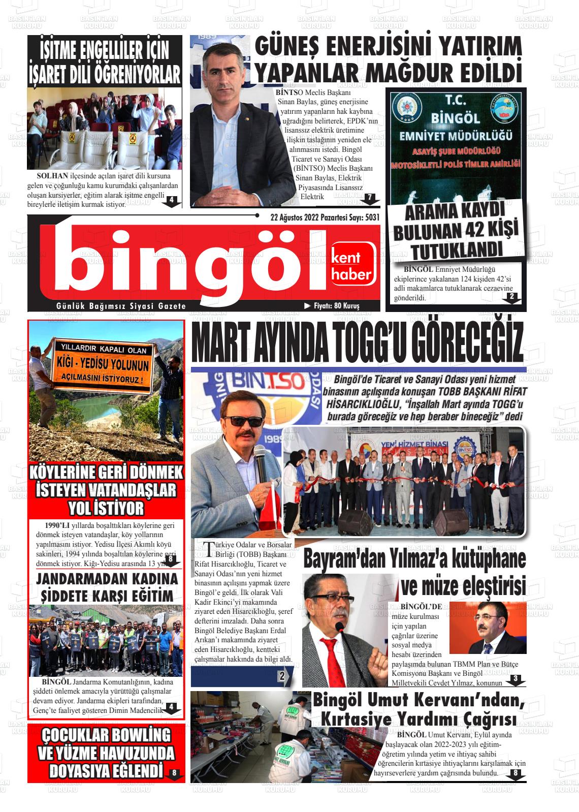 22 Ağustos 2022 Bingöl Kent Haber Gazete Manşeti