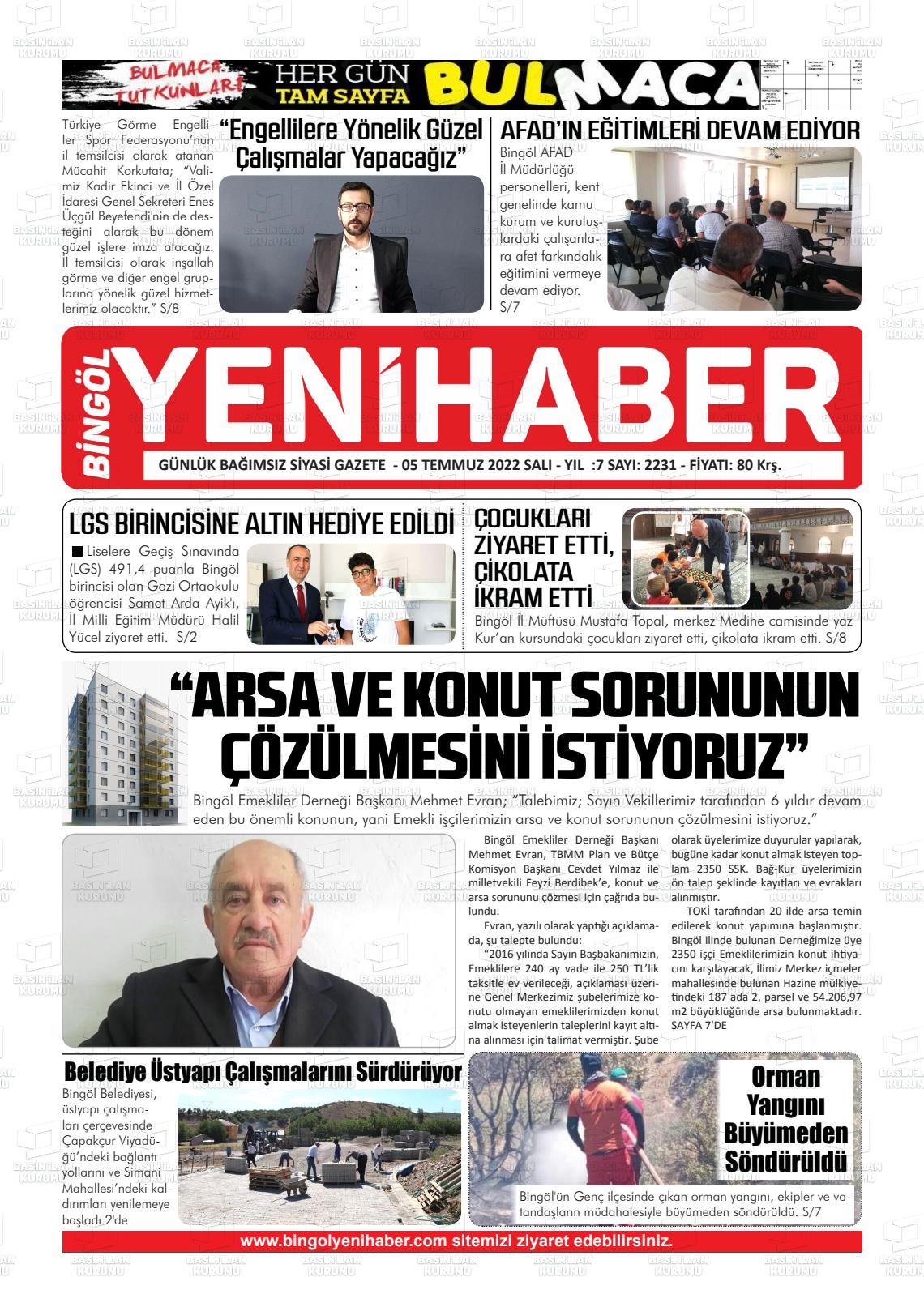 05 Temmuz 2022 Bingöl Sürmanşet Gazete Manşeti