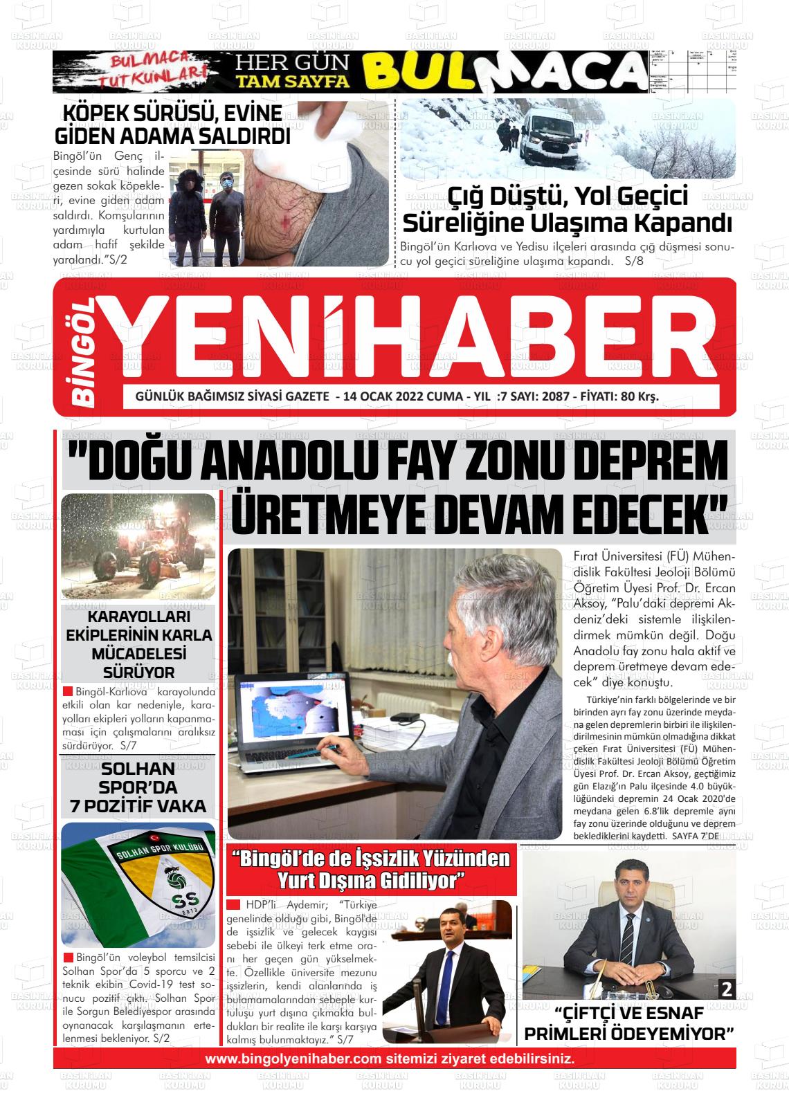 14 Ocak 2022 Bingöl Sürmanşet Gazete Manşeti