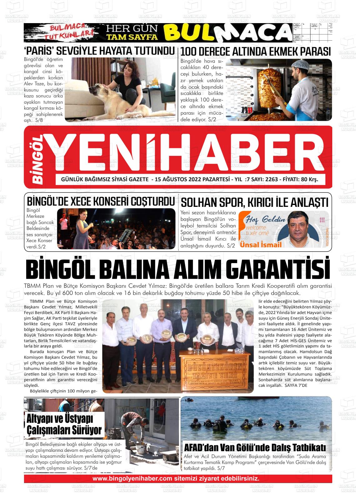 15 Ağustos 2022 Bingöl Sürmanşet Gazete Manşeti